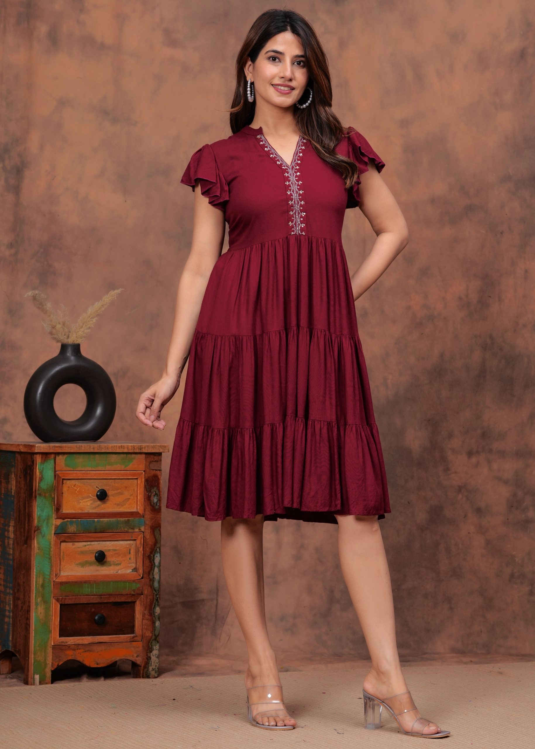 Zaara Maroon Flared Short Sleeve Dress - View 3