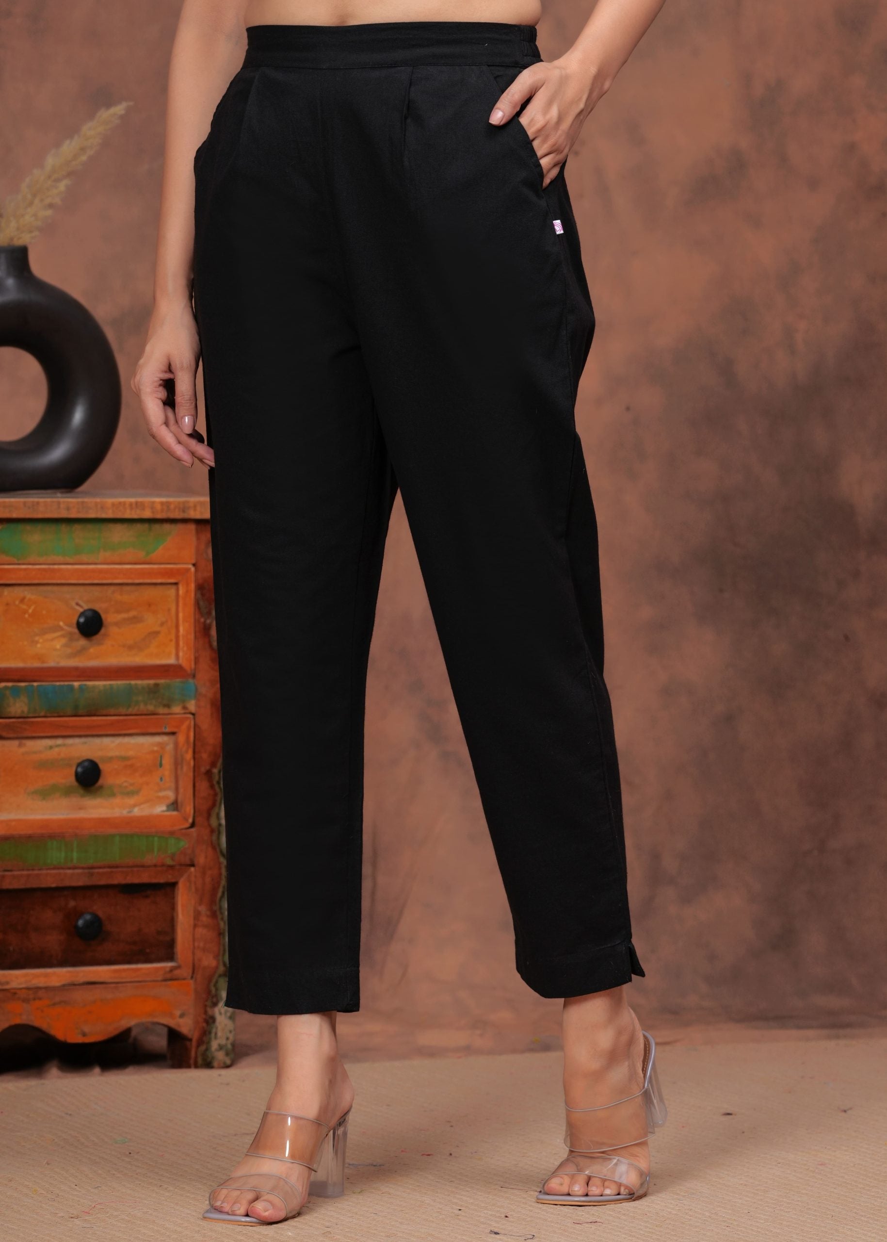 Noir Black Cotton Straight Pants for Women - View 4