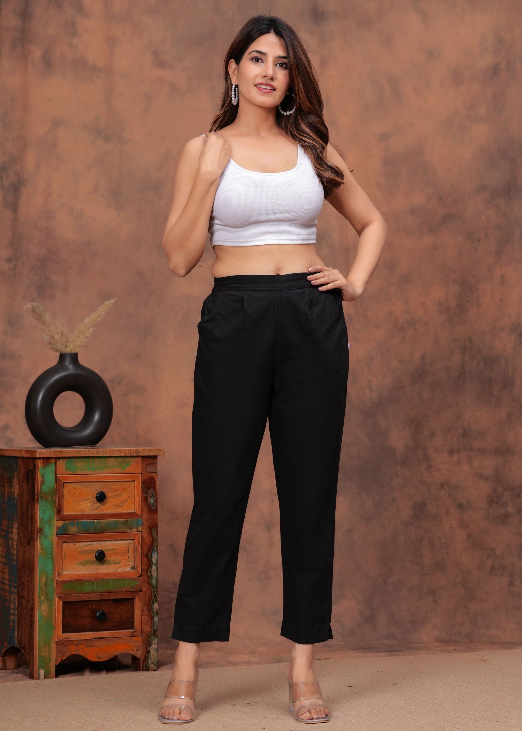 "Noir Black Cotton Straight Pants for Women"