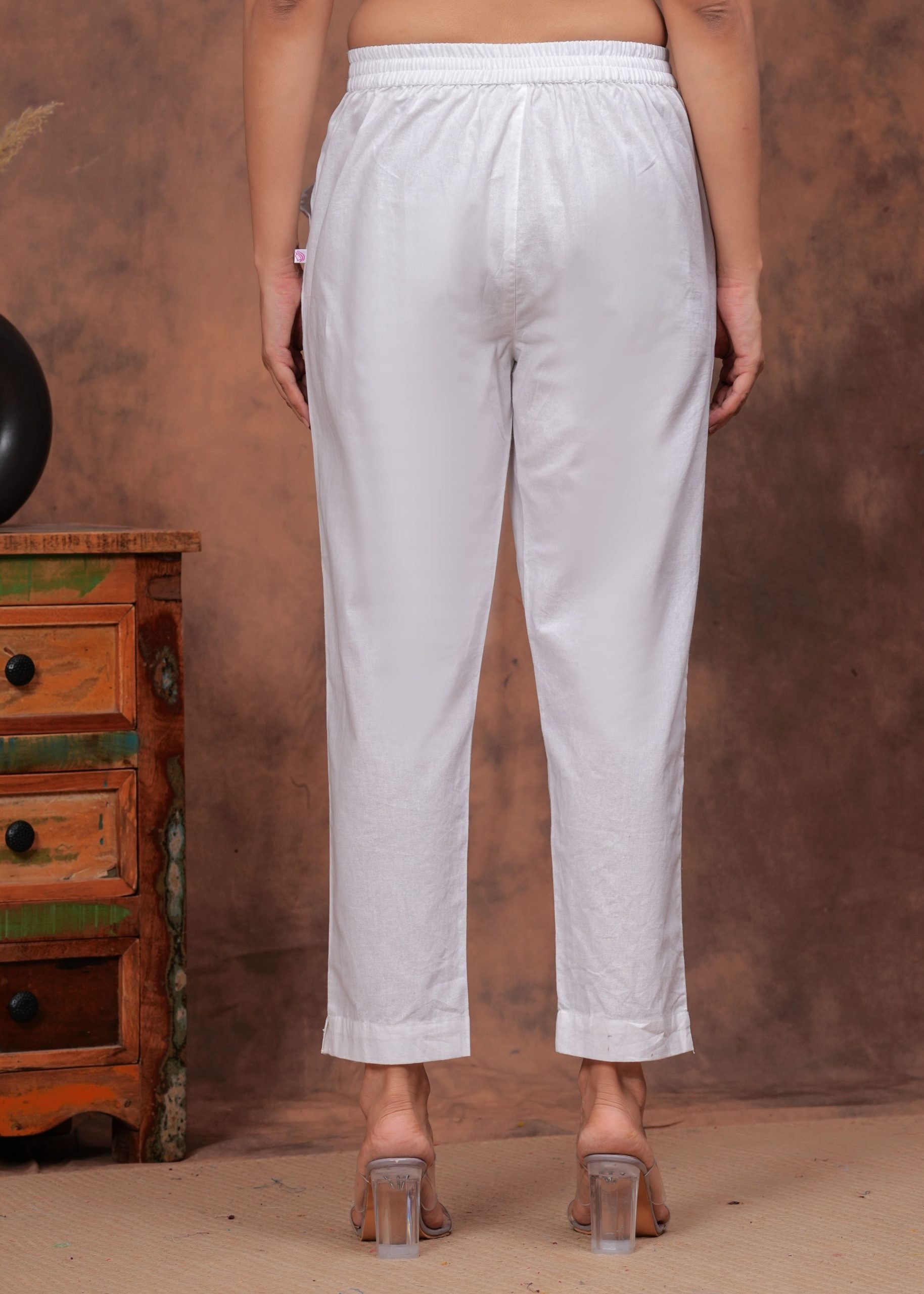 White Cotton Straight Pants for Women - View 2