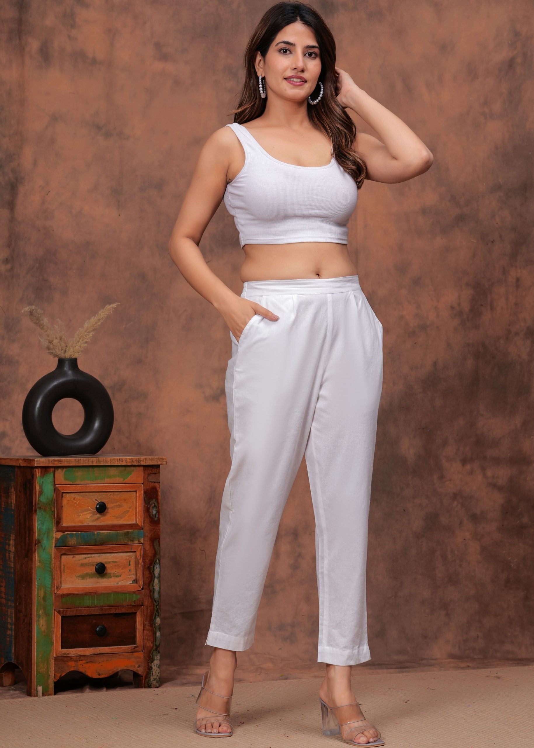 "White Cotton Straight Pants for Women"
