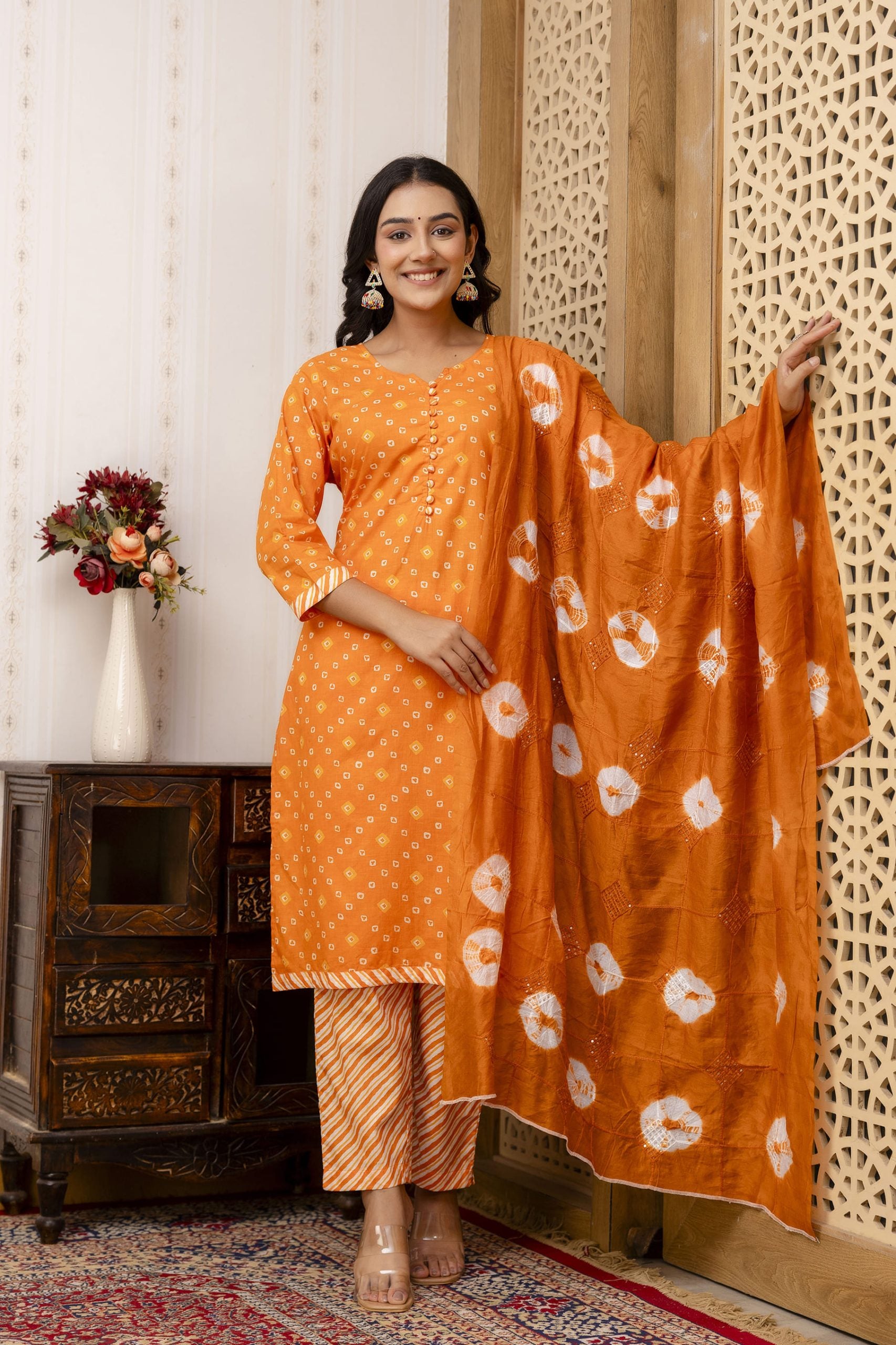 Vaaki Orange Printed Kurti Pant Dupatta Set for Women