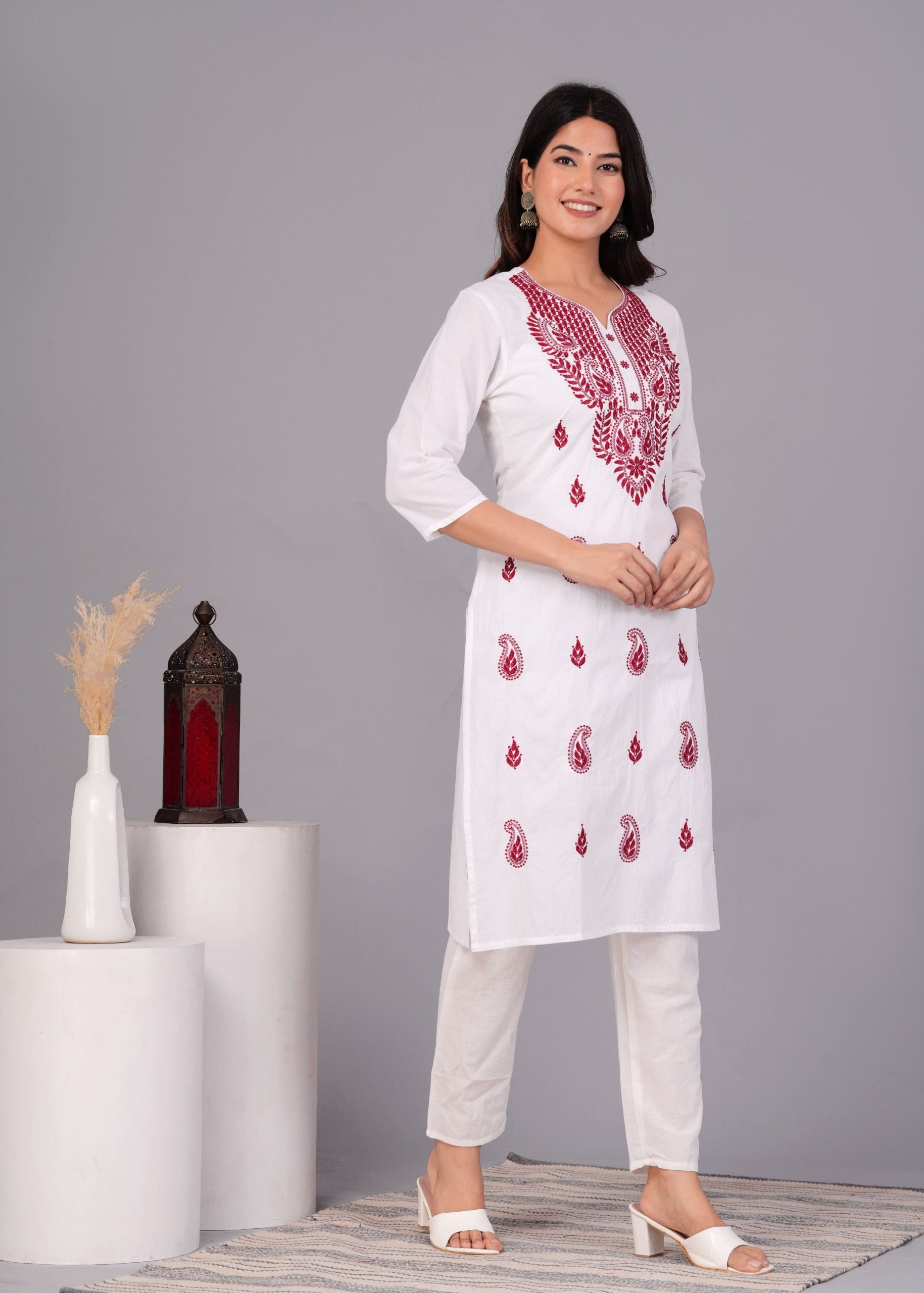 Cotton Pink Embroidery White Straight Kurti - View 3
