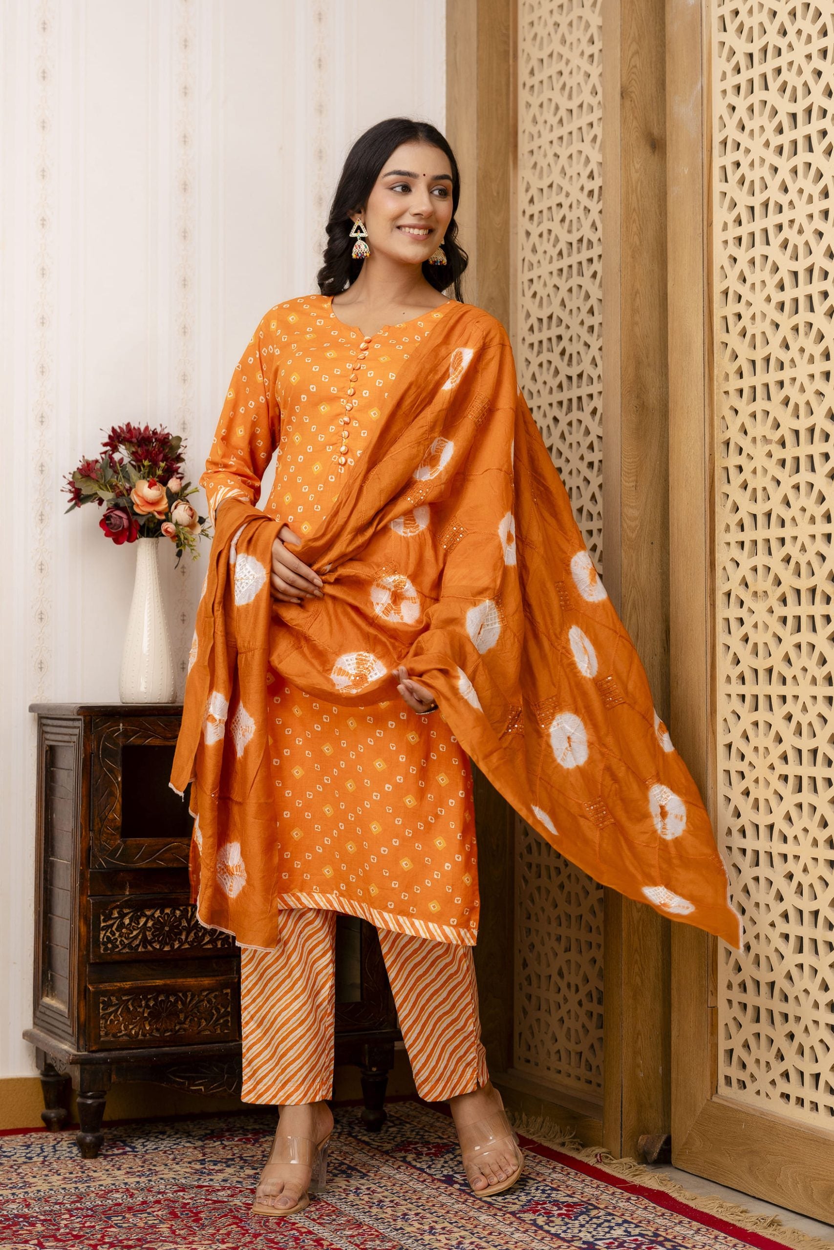 "Noorani Orange Printed Kurti Pant & Dupatta Set"
