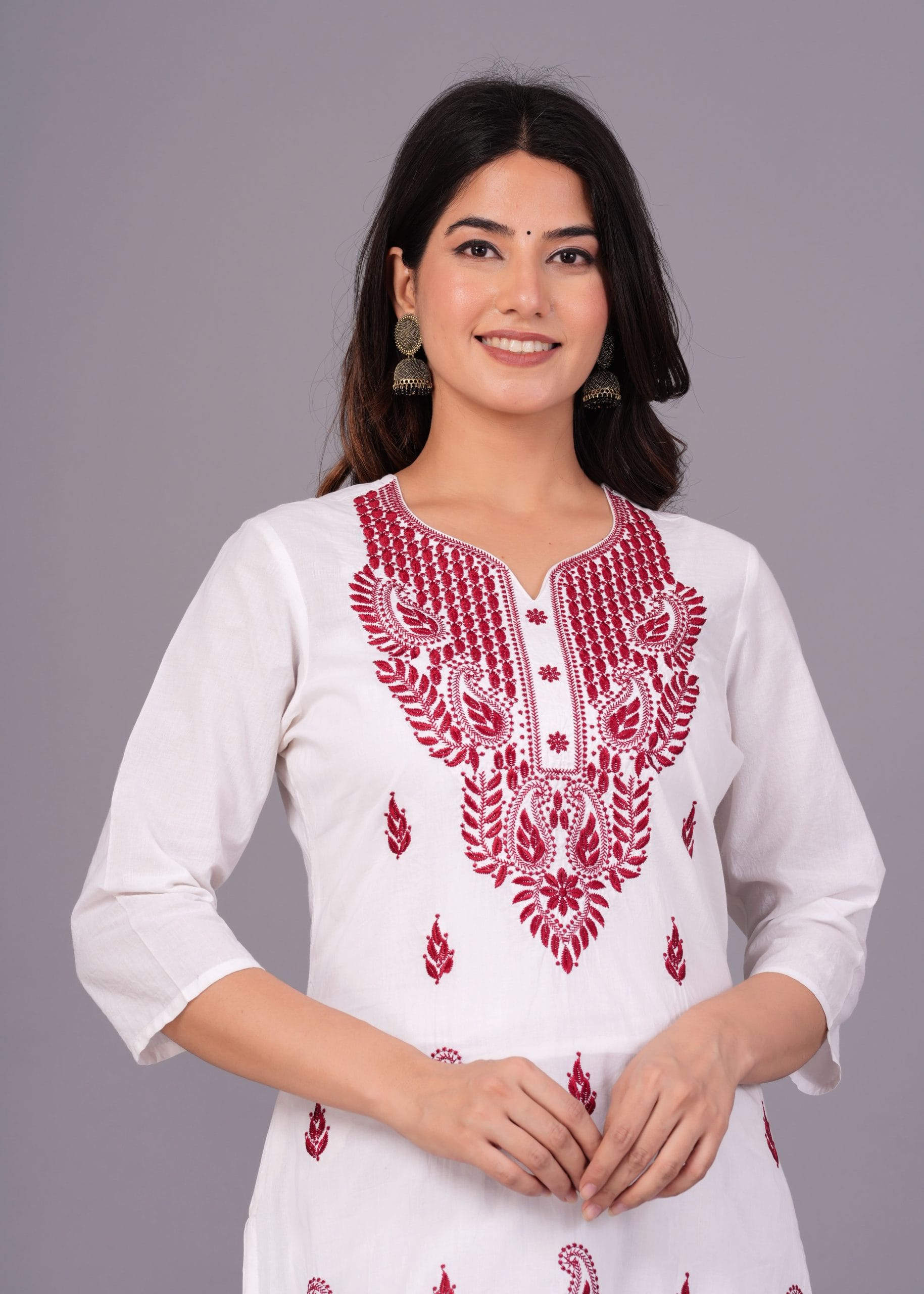 Cotton Pink Embroidery White Straight Kurti - View 4