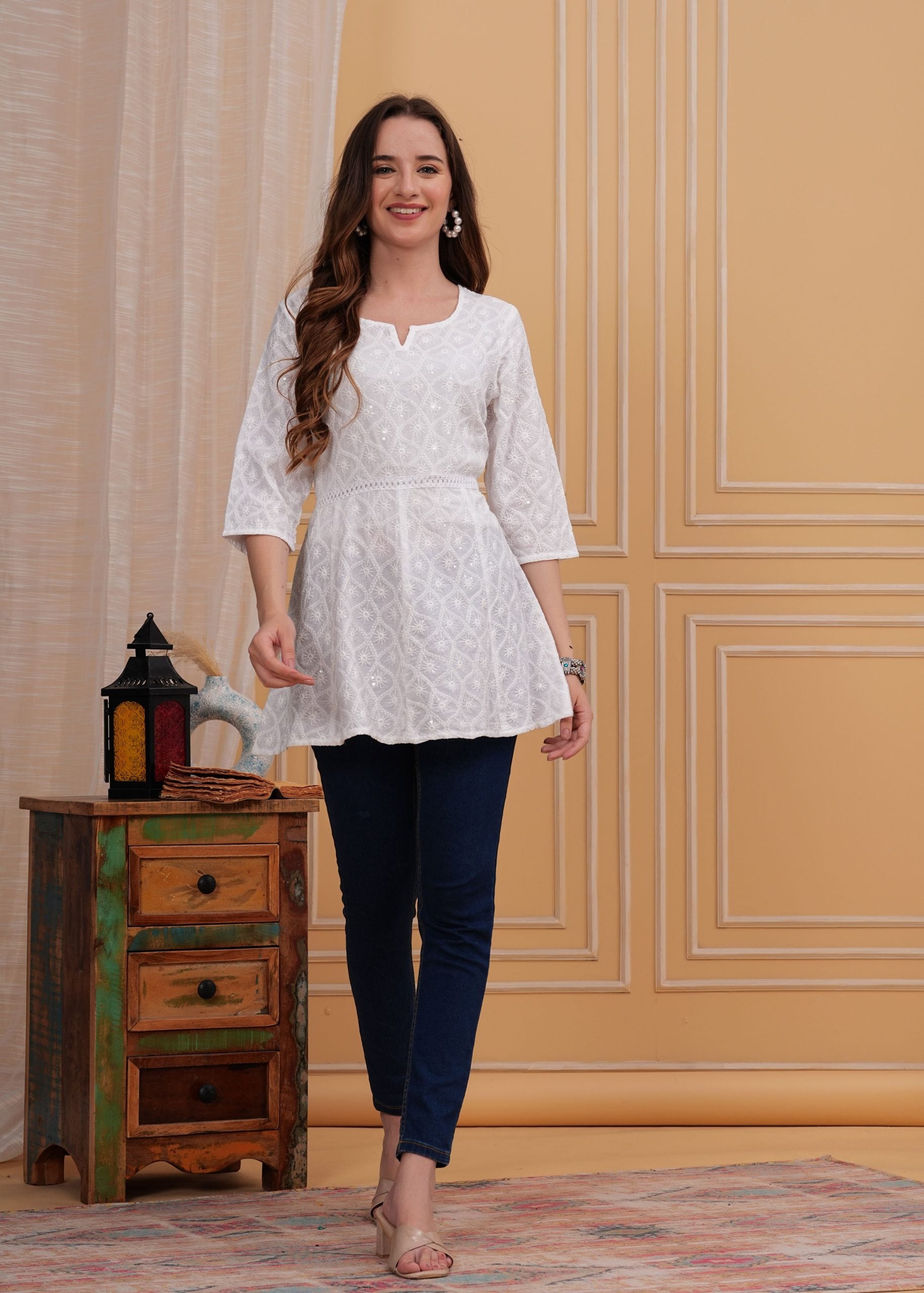 Eira White Chikankari Short Top - View 2