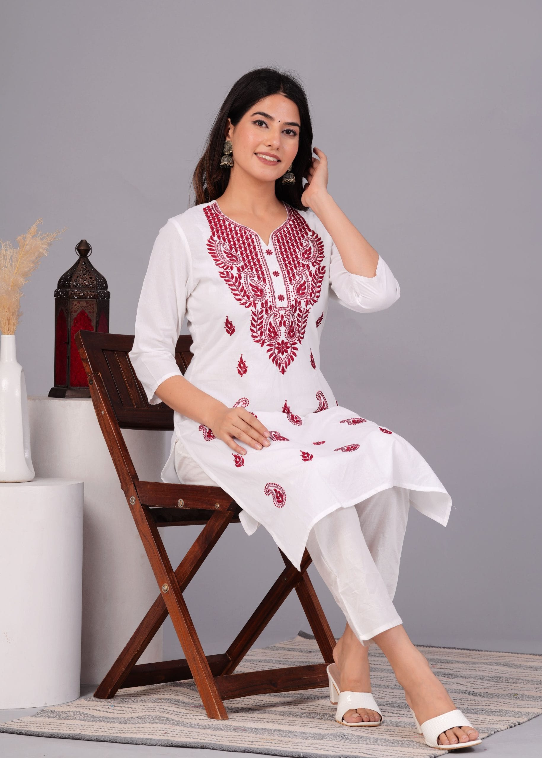 Cotton Pink Embroidery White Straight Kurti - View 5