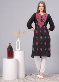 Kiara Cotton Pink Embroidery Black Straight Kurti