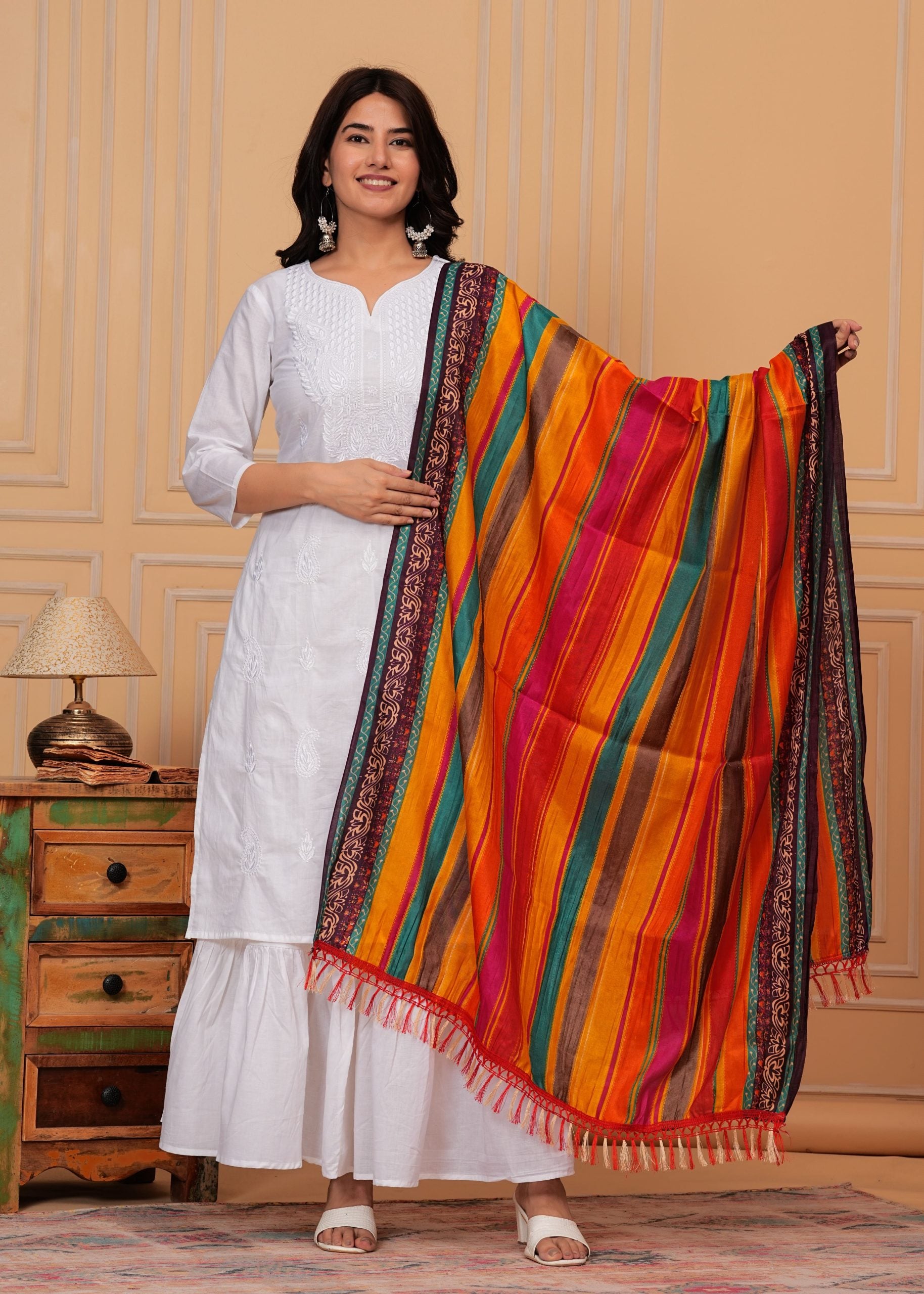 Cotton White Embroidery Kurti Skirt & Dupatta Set by Vaaki