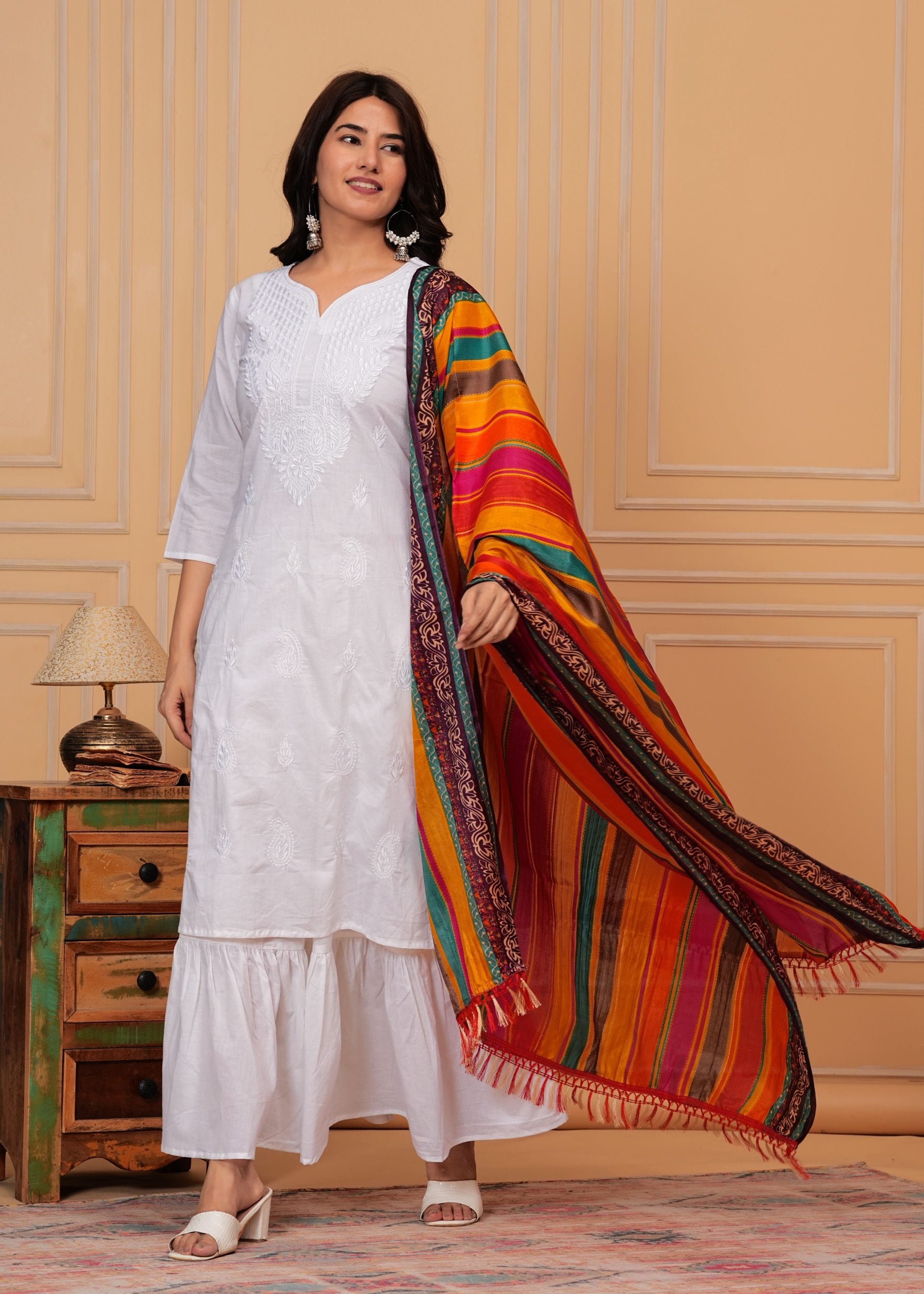 White Embroidery Kurti Skirt & Dupatta Set - View 3