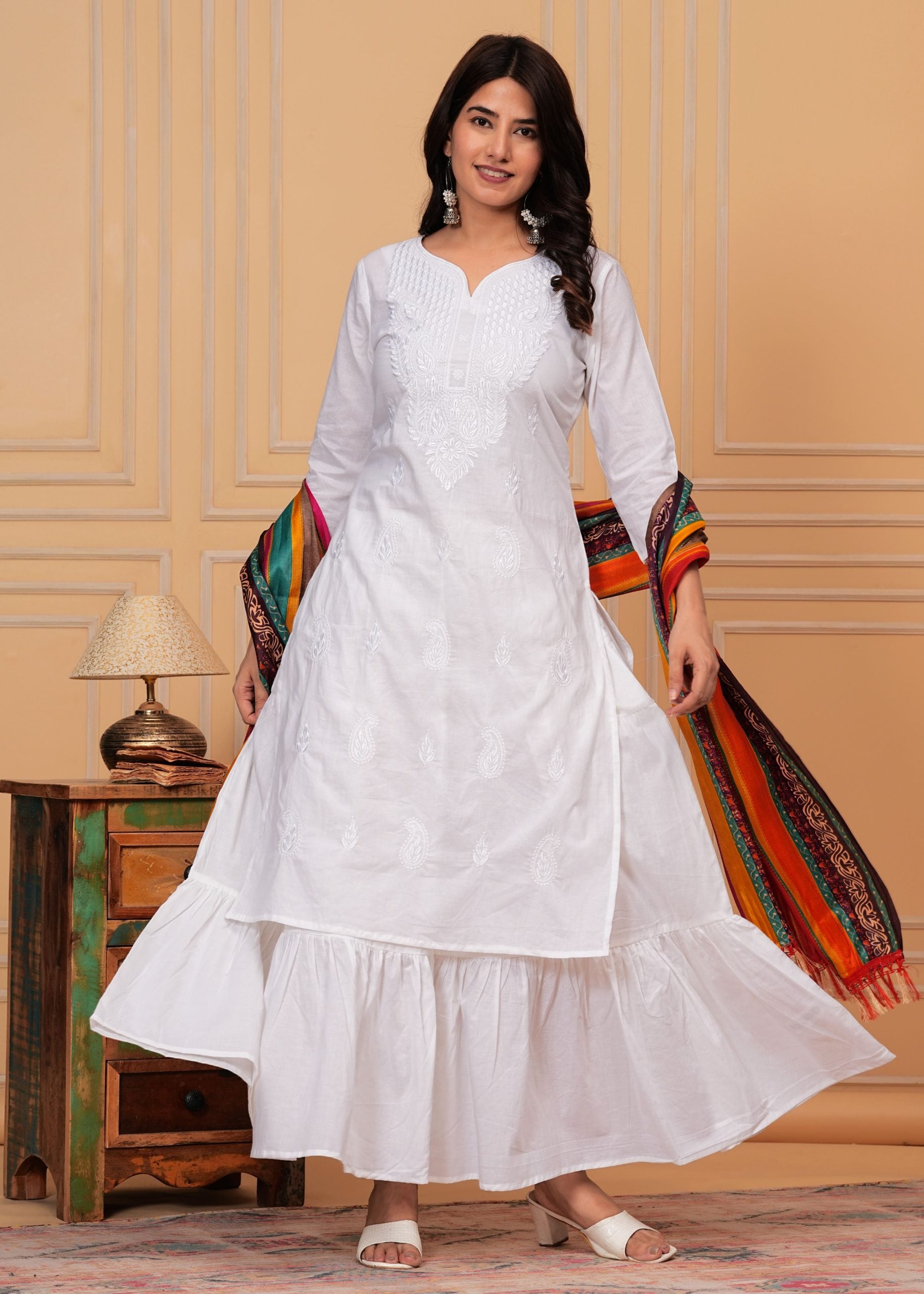 "White Embroidery Kurti Skirt & Dupatta Set"