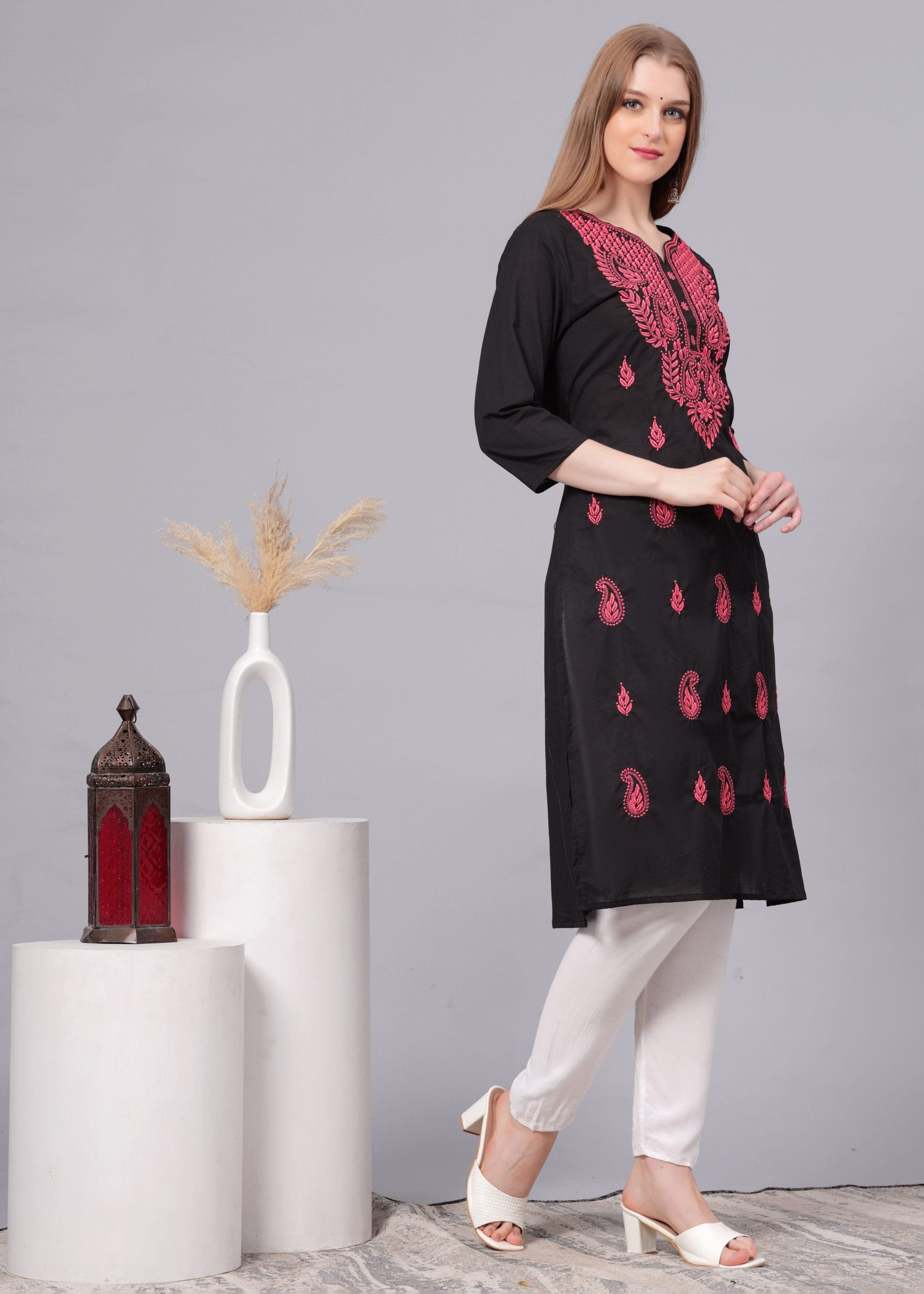 Cotton Pink Embroidery Black Straight Kurti - View 3