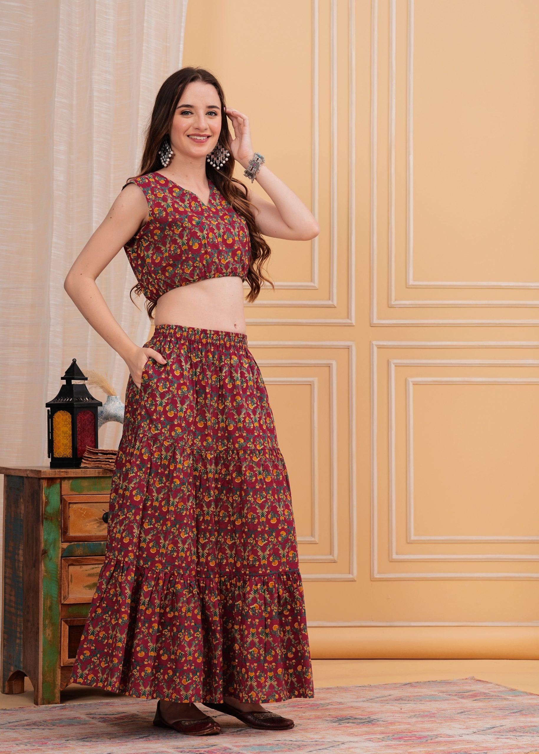 Zyra Crimson Red Long Maxi Skirt - View 4