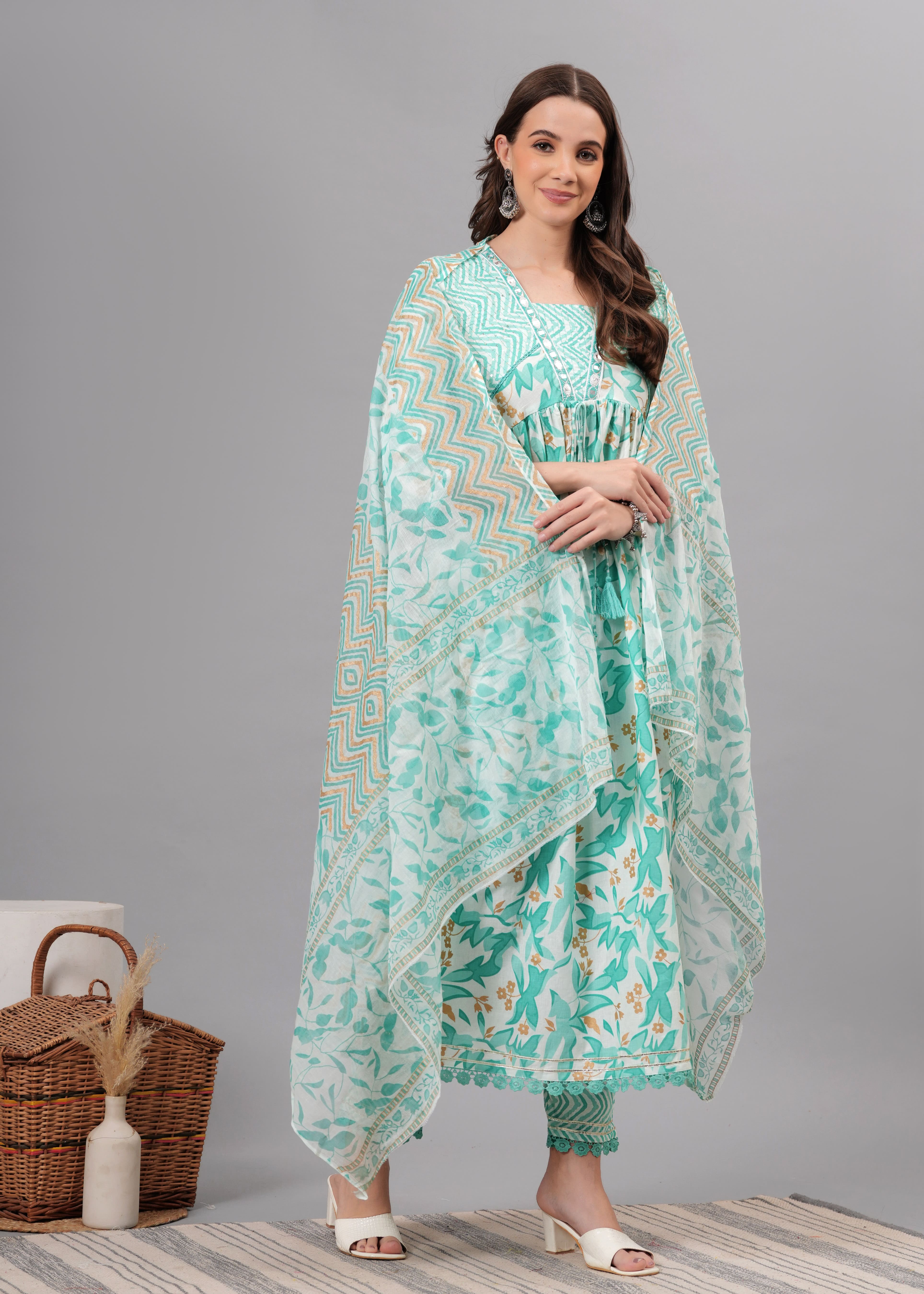 "Nayra Printed Tropical Green Tunic Top"