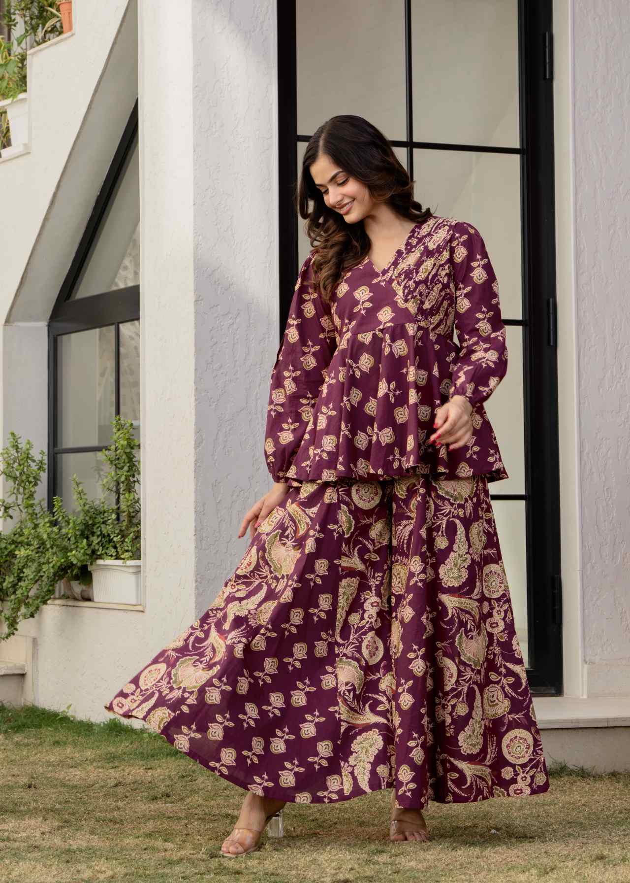 Buy Designer Wine Floral Printed Premium Cotton Co-ord Set for Women Online