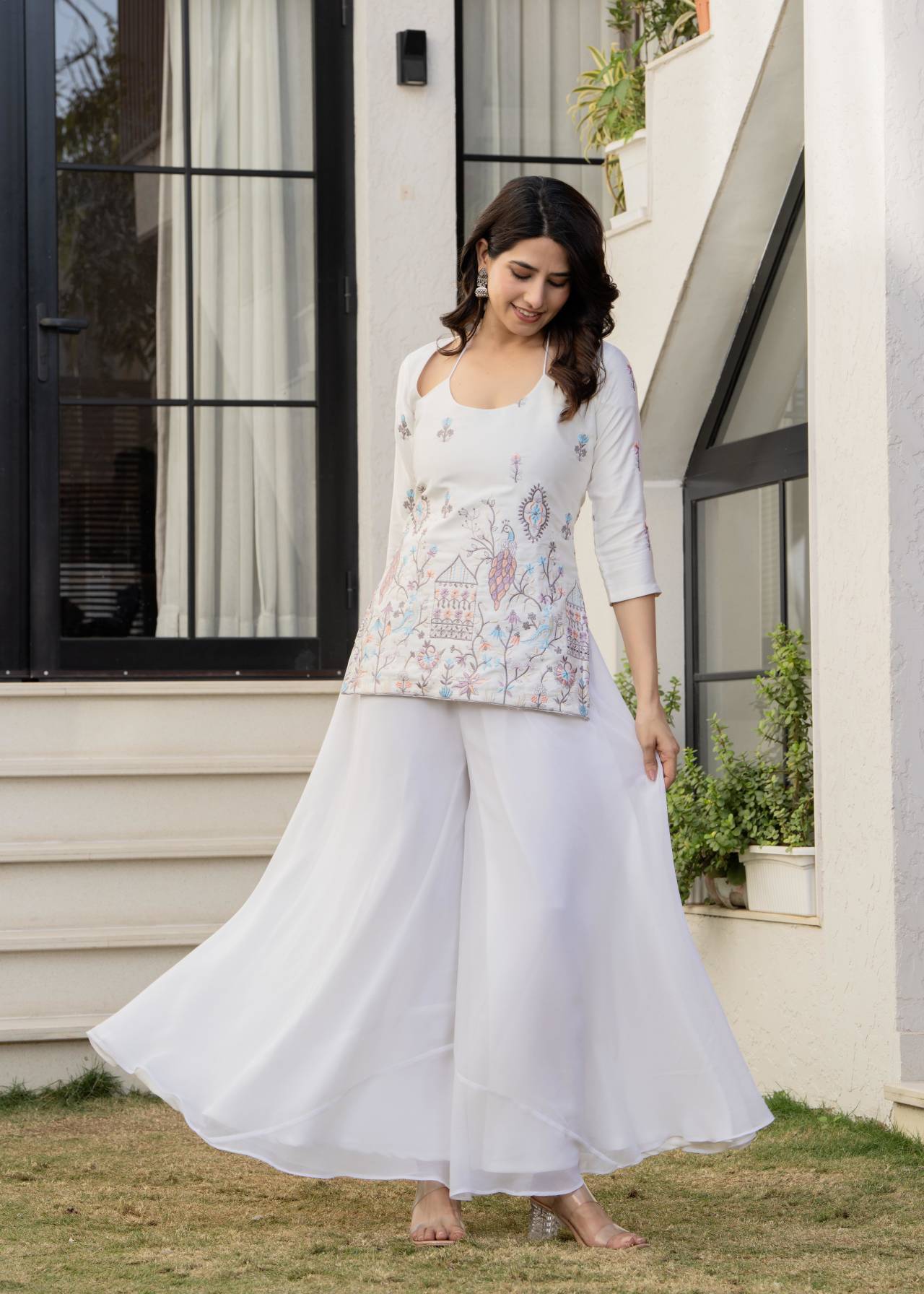 Buy Halter Neck Style Corset Back Ivory Embroidered Kurti with Palazzo for Women