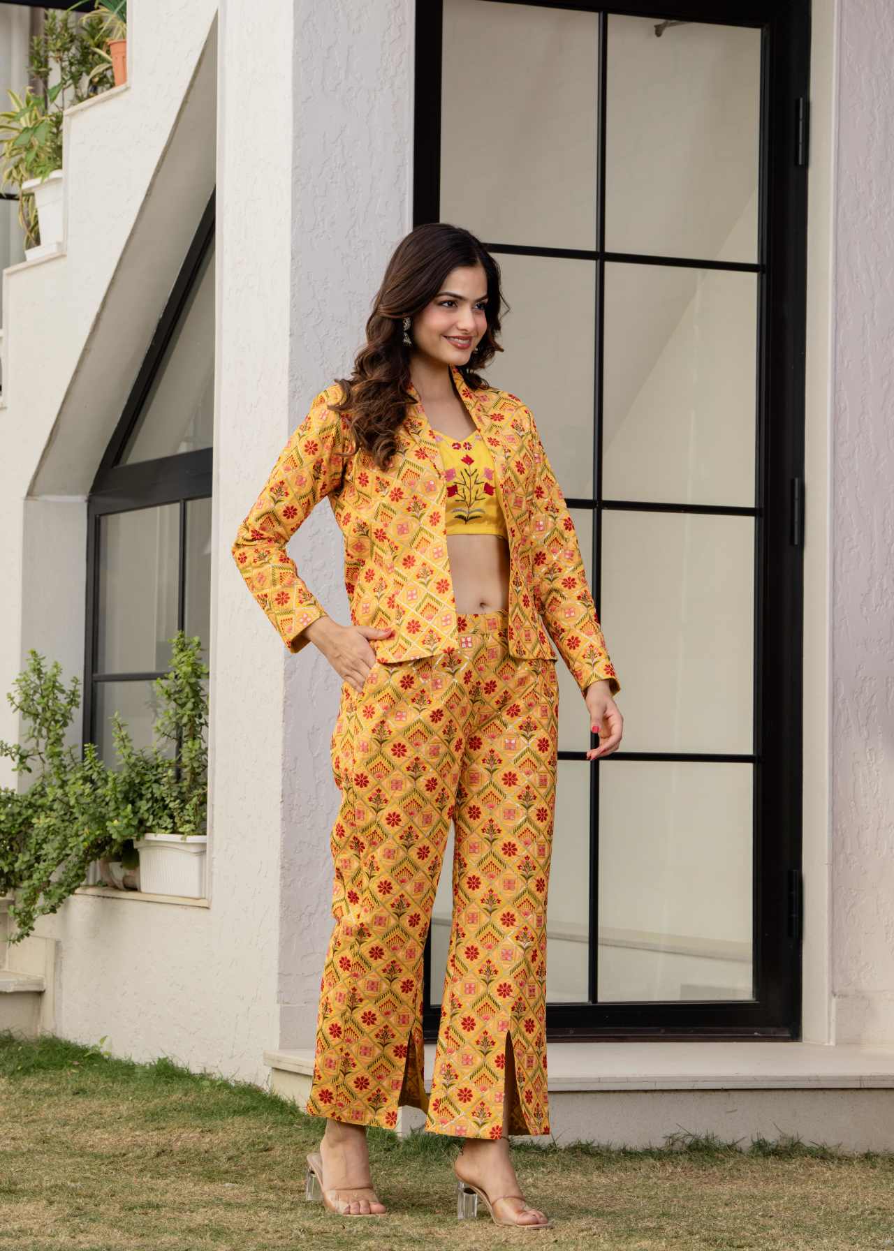 "Designer Western Wear Yellow 3 Piece Crop Top Coat Pant Set for Women"