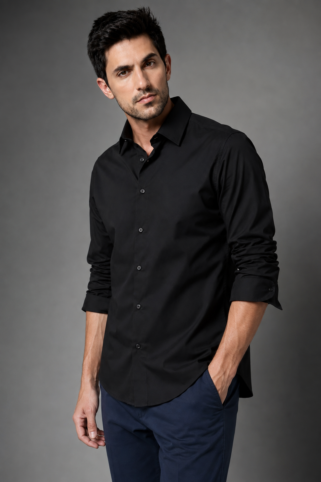 Black cotton full sleeve formal shirt for men, classic collar