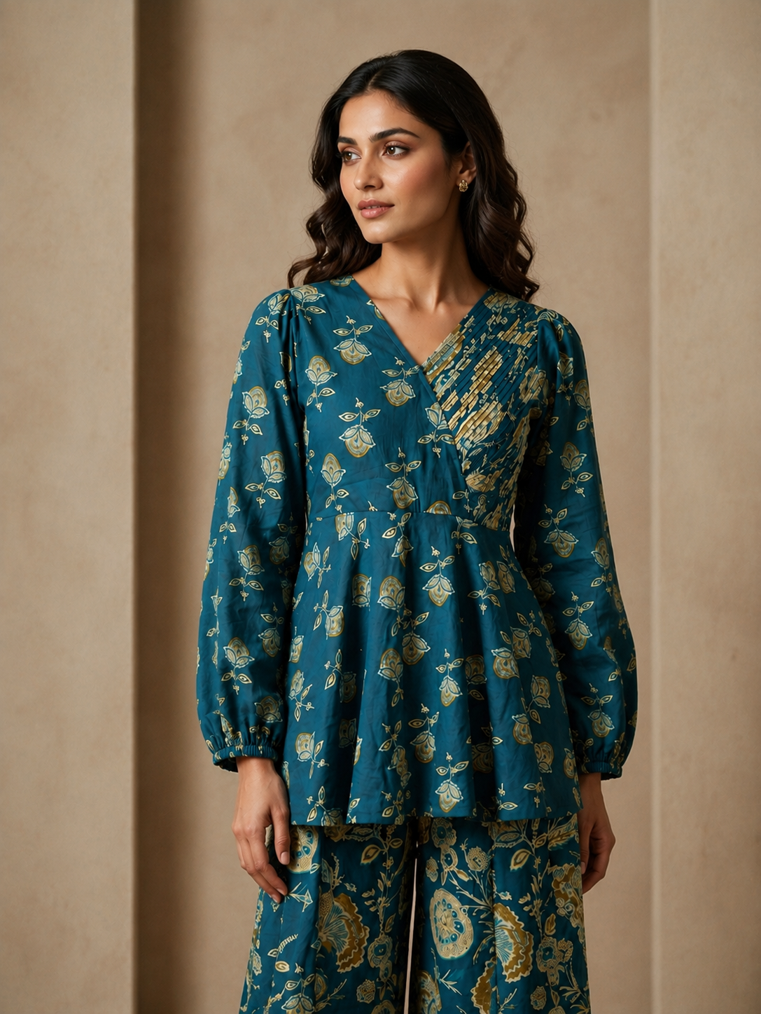 Draksha Teal Blue Printed Premium Cotton Co-ord Set
