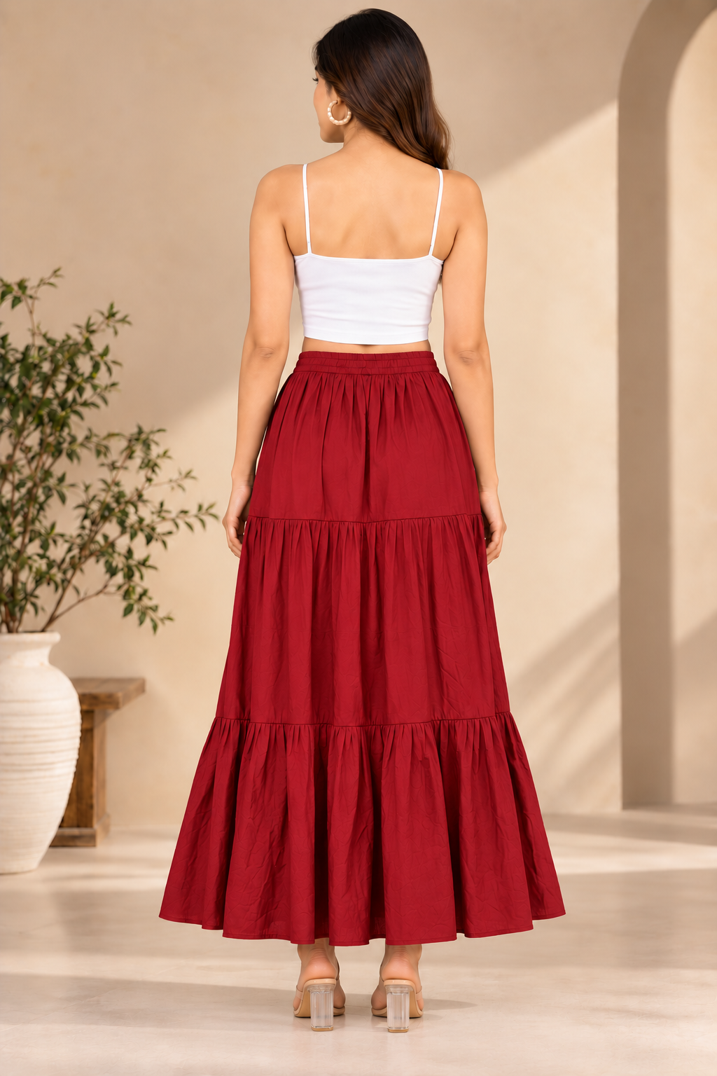 Sejal Red Women’s  Tiered Maxi Skirt | High-Waist Flared Skirt for Navratri, Garba & Dandiya