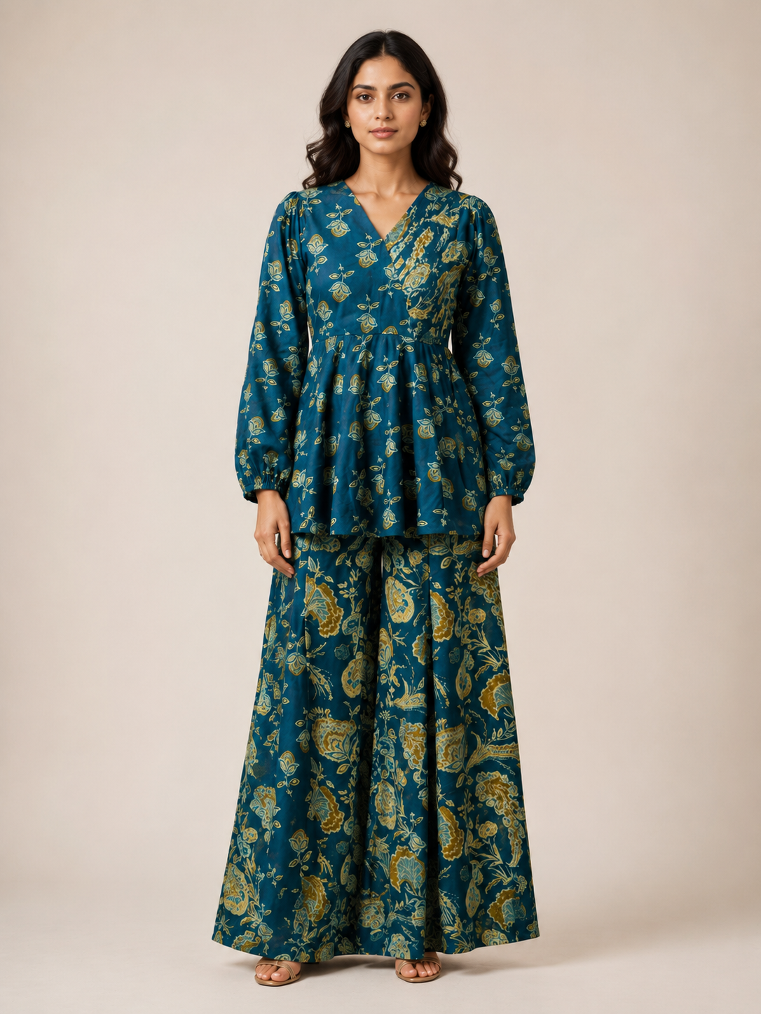 Draksha Teal Blue Printed Premium Cotton Co-ord Set