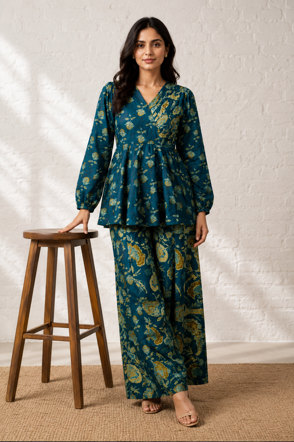 Draksha Teal Blue Printed Premium Cotton Co-ord Set