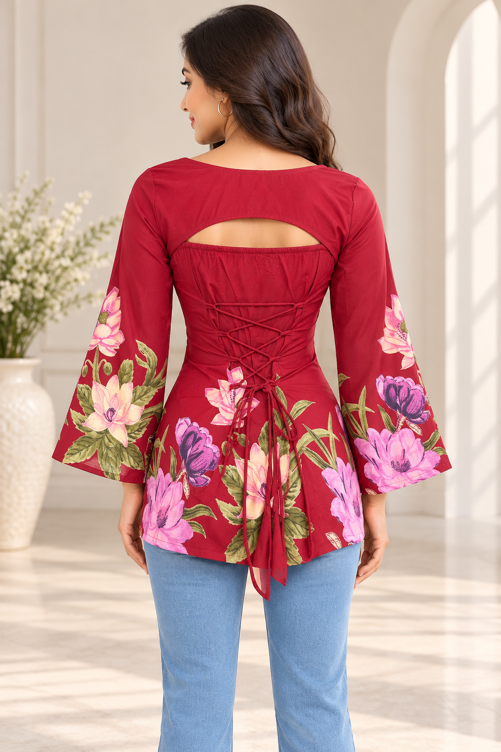 Avani Women's Maroon Floral Printed Cotton 2-in-1 Short Kurti with Detachable Full-Sleeve Shrug