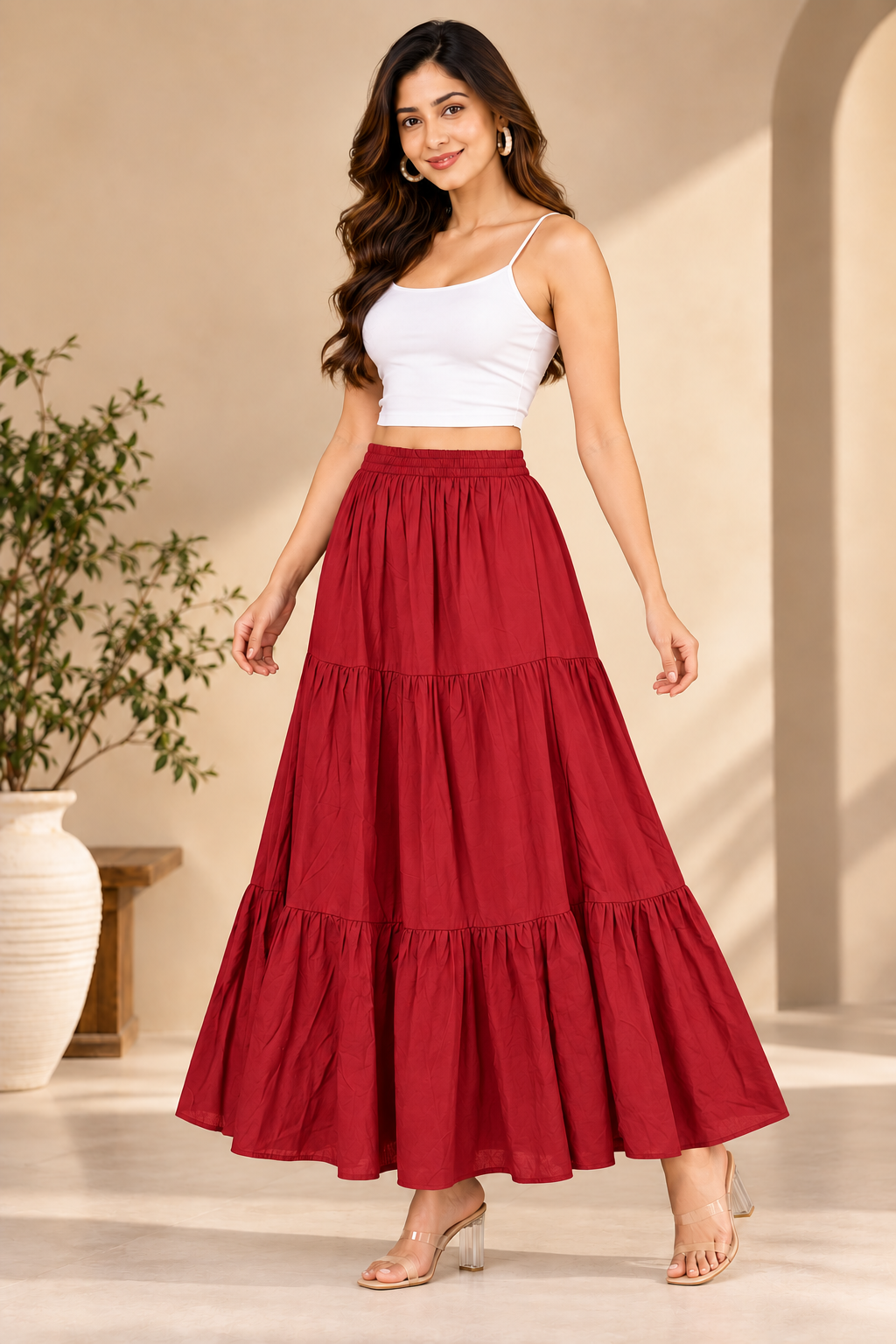 Sejal Red Women’s  Tiered Maxi Skirt | High-Waist Flared Skirt for Navratri, Garba & Dandiya