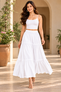 Sejal White  Women’s Tiered Maxi Skirt | High-Waist Flared Skirt for Navratri, Garba & Dandiya