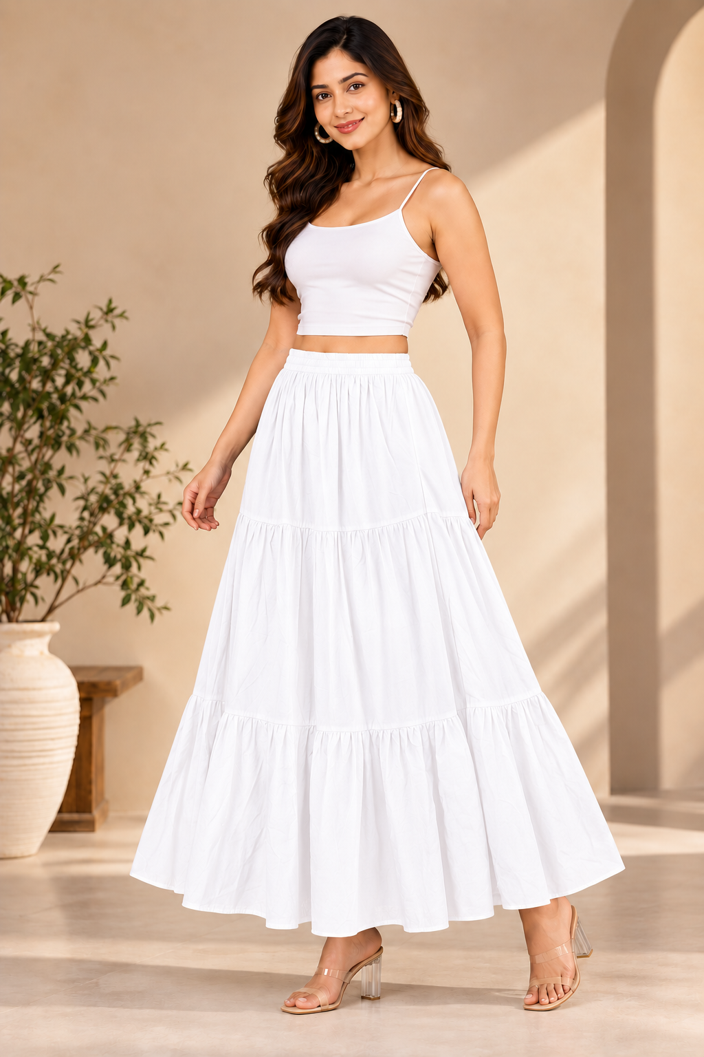 Sejal White  Women’s Tiered Maxi Skirt | High-Waist Flared Skirt for Navratri, Garba & Dandiya