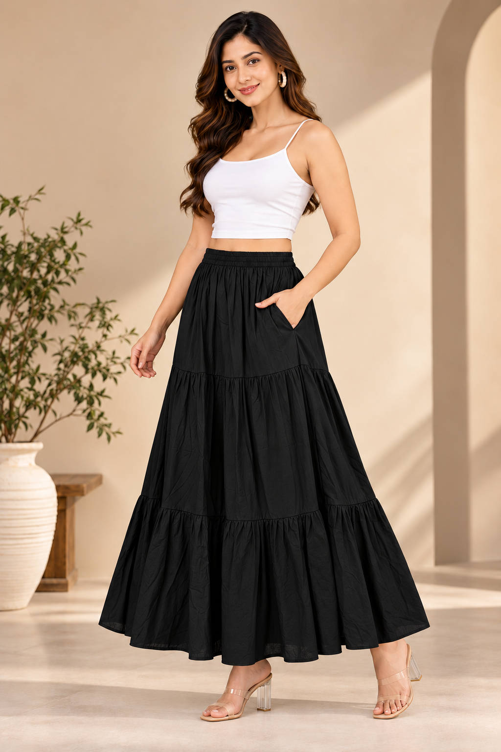 Sejal Black Women’s Tiered Maxi Skirt | High-Waist Flared Skirt for Navratri, Garba & Dandiya