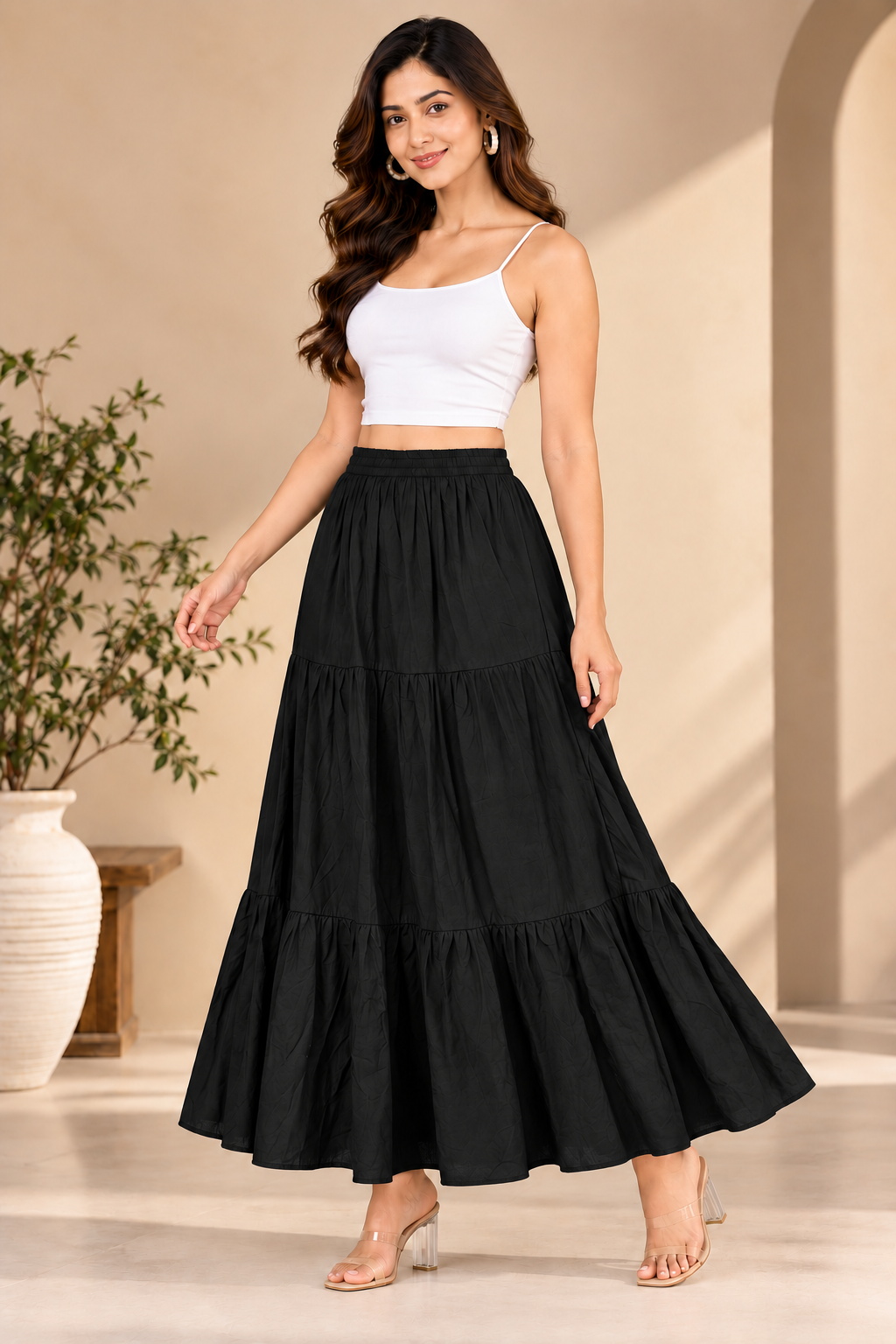 Sejal Black Women’s Tiered Maxi Skirt | High-Waist Flared Skirt for Navratri, Garba & Dandiya
