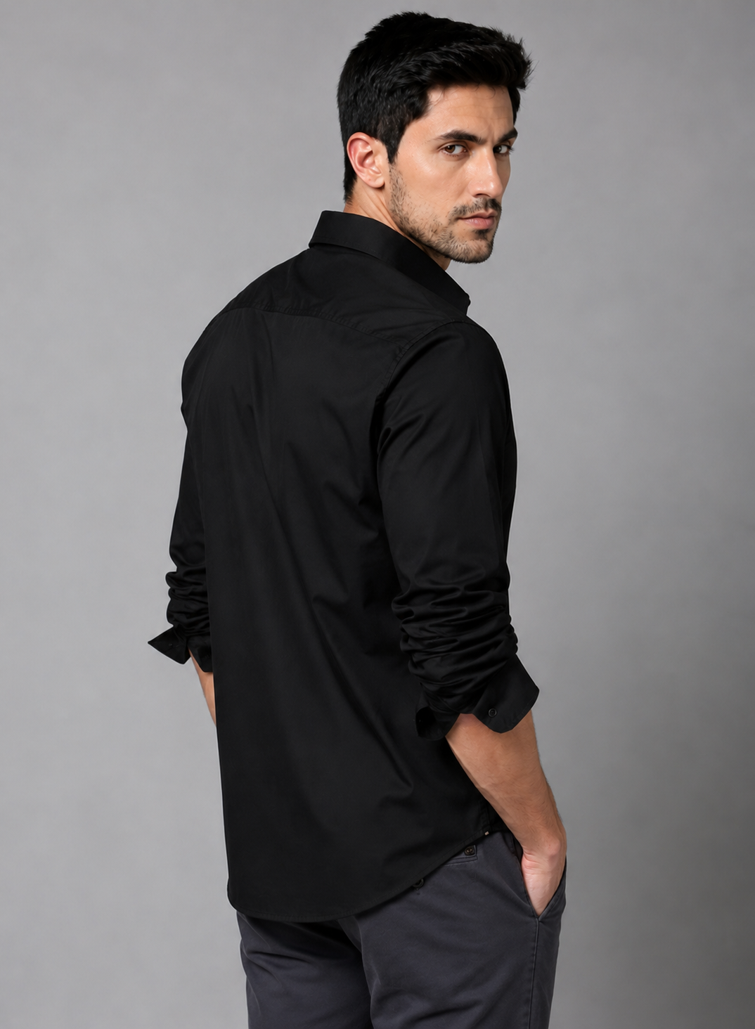 Black cotton full sleeve formal shirt for men, classic collar, view 2