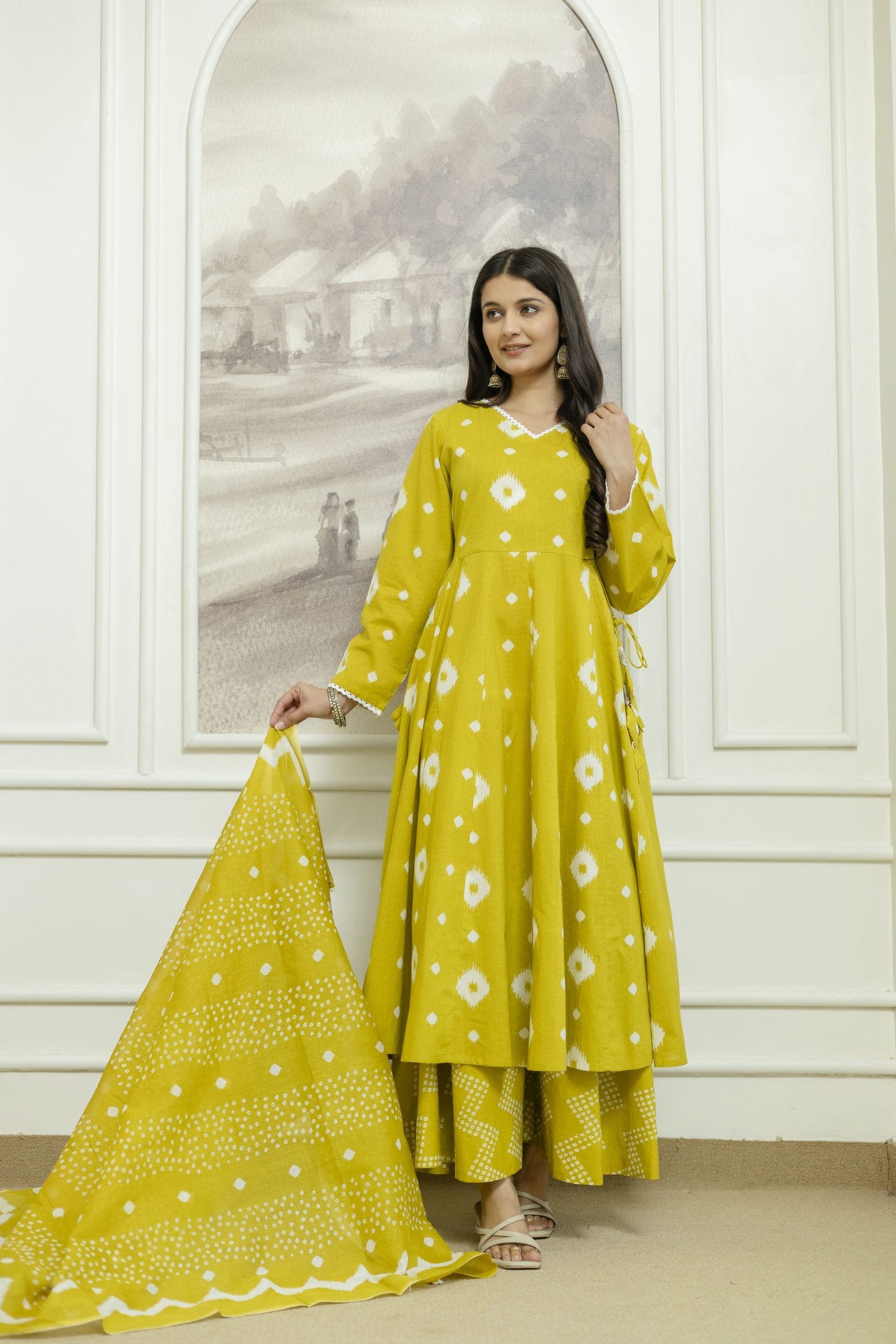 Yellow ethnic A-Line Dress with Geometric Patterns and Flared Sleeves 2