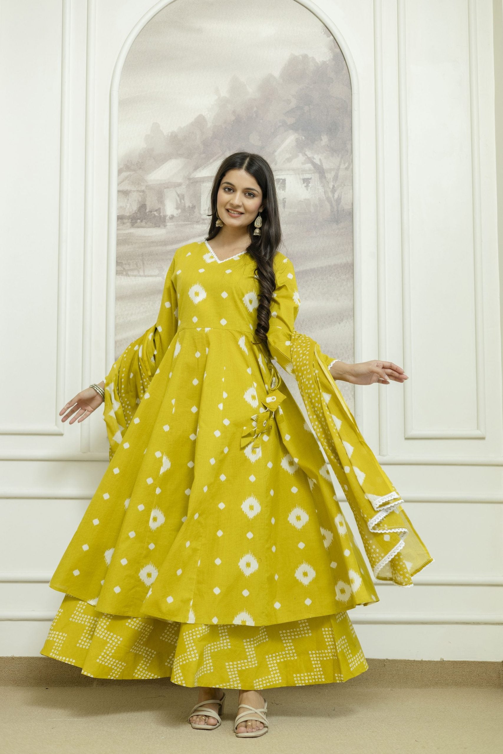 "Yellow ethnic A-Line Dress with Geometric Patterns and Flared Sleeves 9"