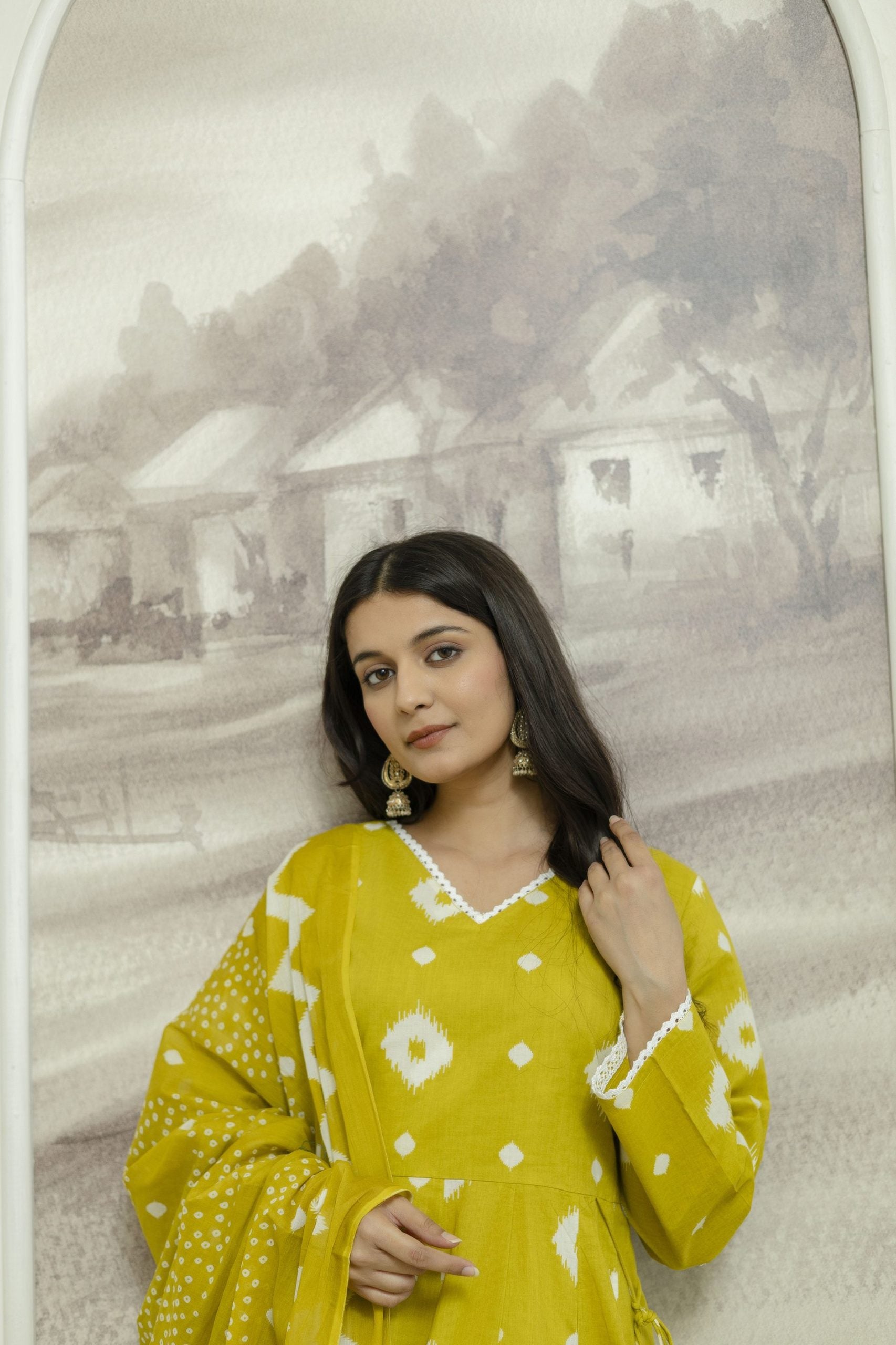 "Yellow ethnic A-Line Dress with Geometric Patterns and Flared Sleeves 6"