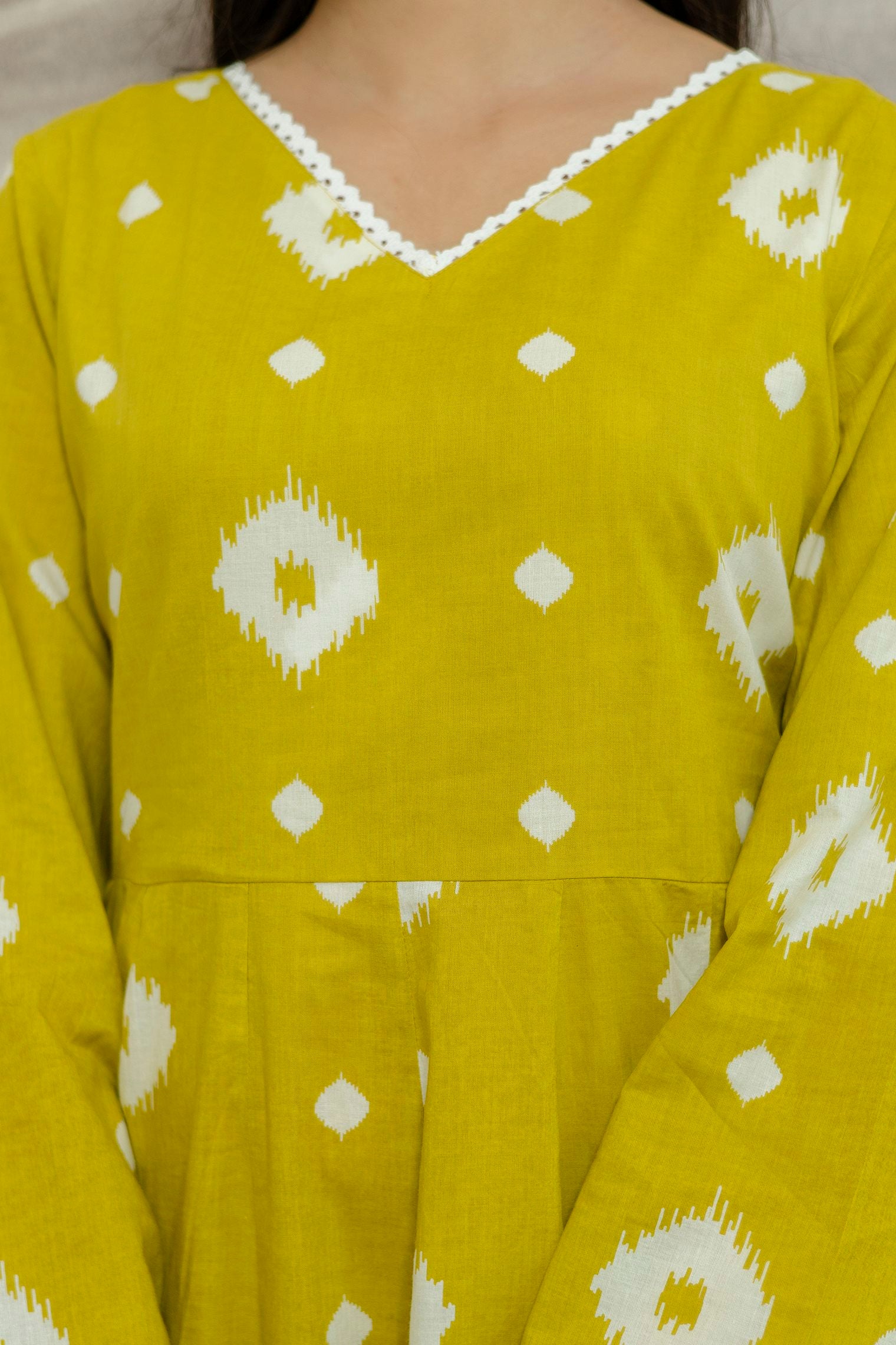 "Yellow ethnic A-Line Dress with Geometric Patterns and Flared Sleeves 5"