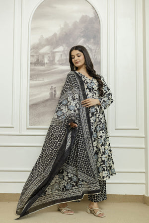 Noir Bloom Floral Cotton Anarkali Set