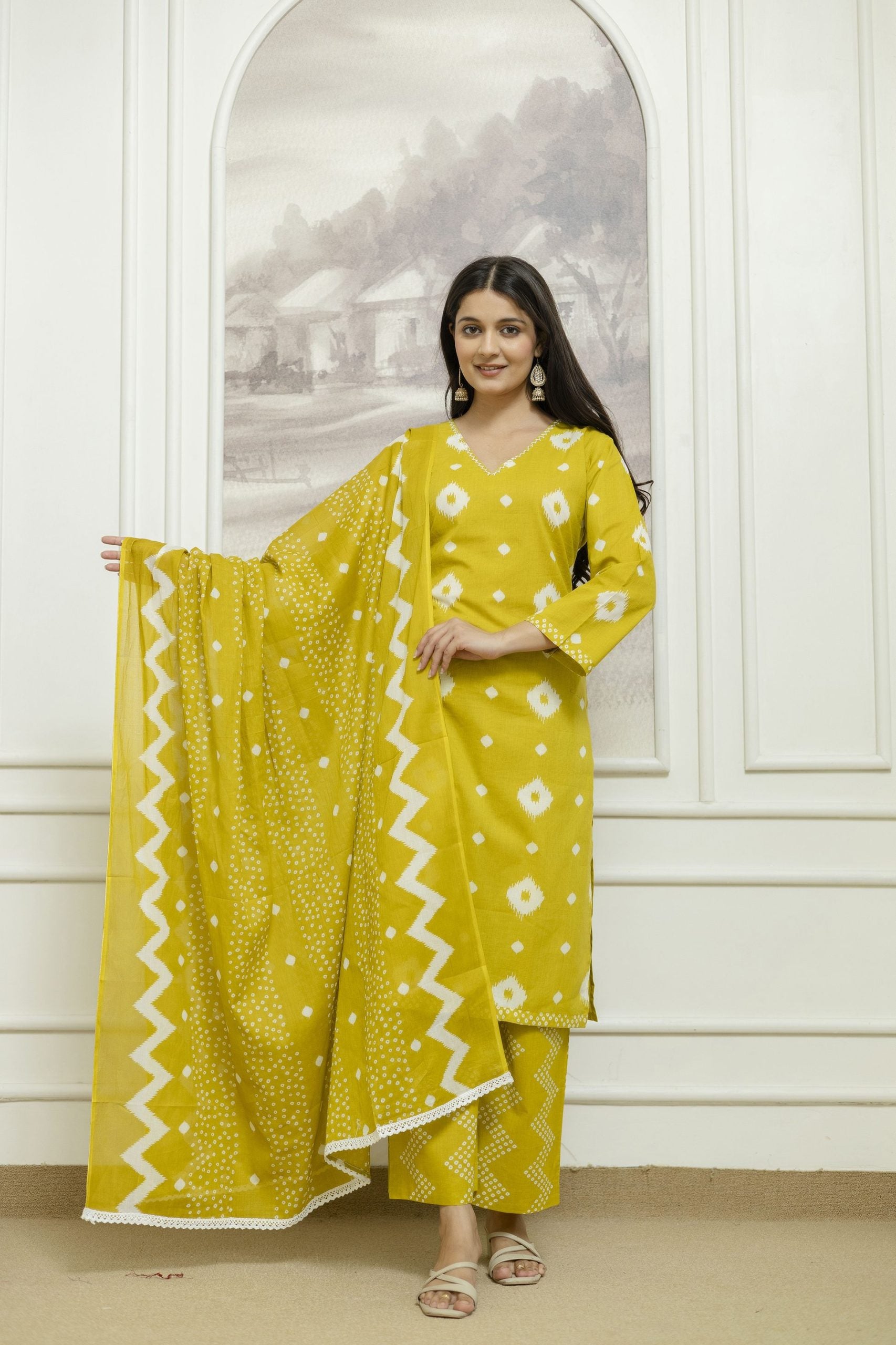 Vibrant Yellow Kurta Set with Geometric Patterns and Matching Dupatta - Vaaki 11