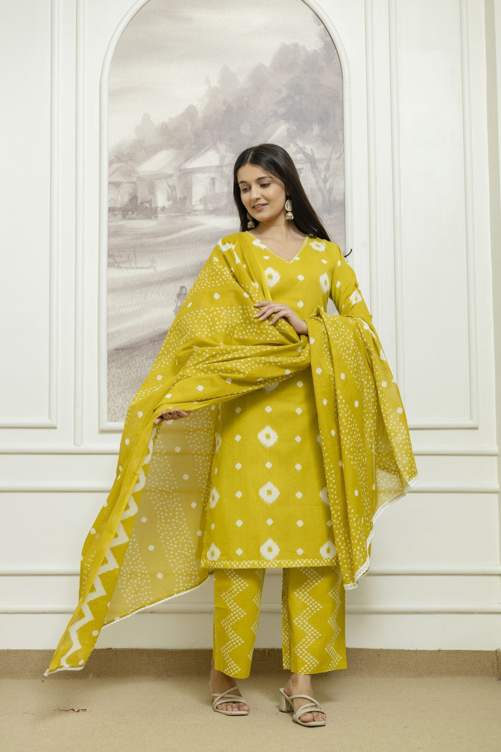 Vibrant Yellow Kurta Set with Geometric Patterns and Matching Dupatta - Vaaki 124
