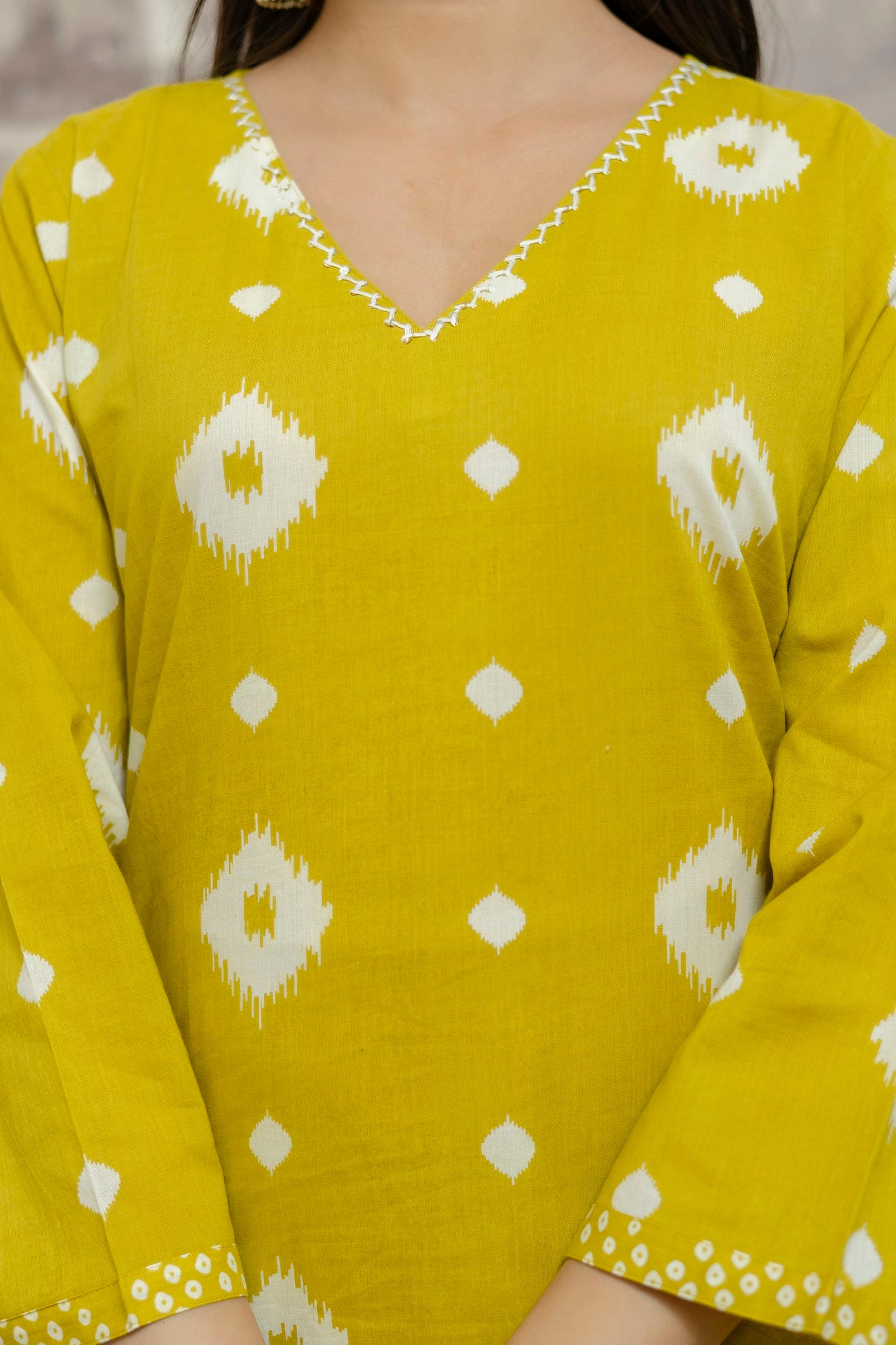 "Vibrant Yellow Kurta Set with Geometric Patterns and Matching Dupatta - Vaaki 129"