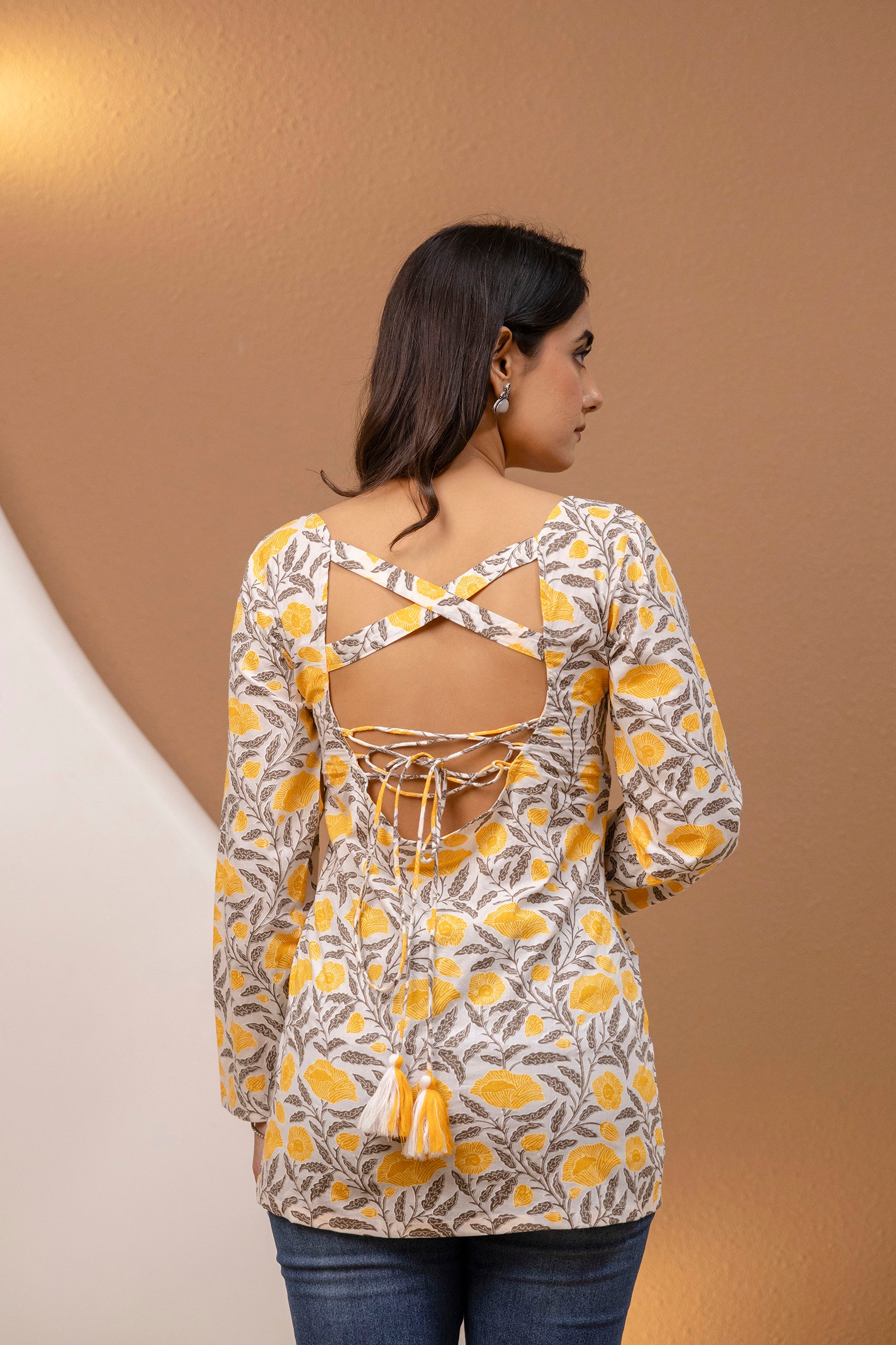 "Mohini Yellow Floral Back-Tie Corset Kurti"