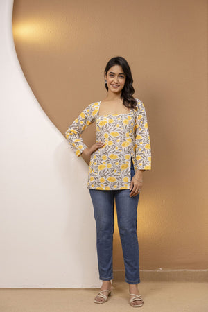 Mohini Yellow Floral Back-Tie Corset Kurti