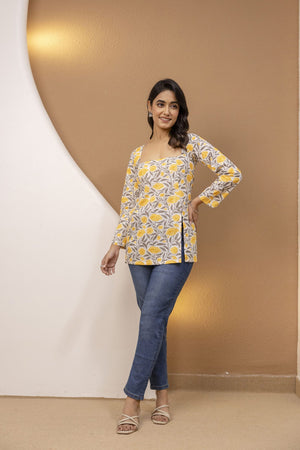 Mohini Yellow Floral Back-Tie Corset Kurti