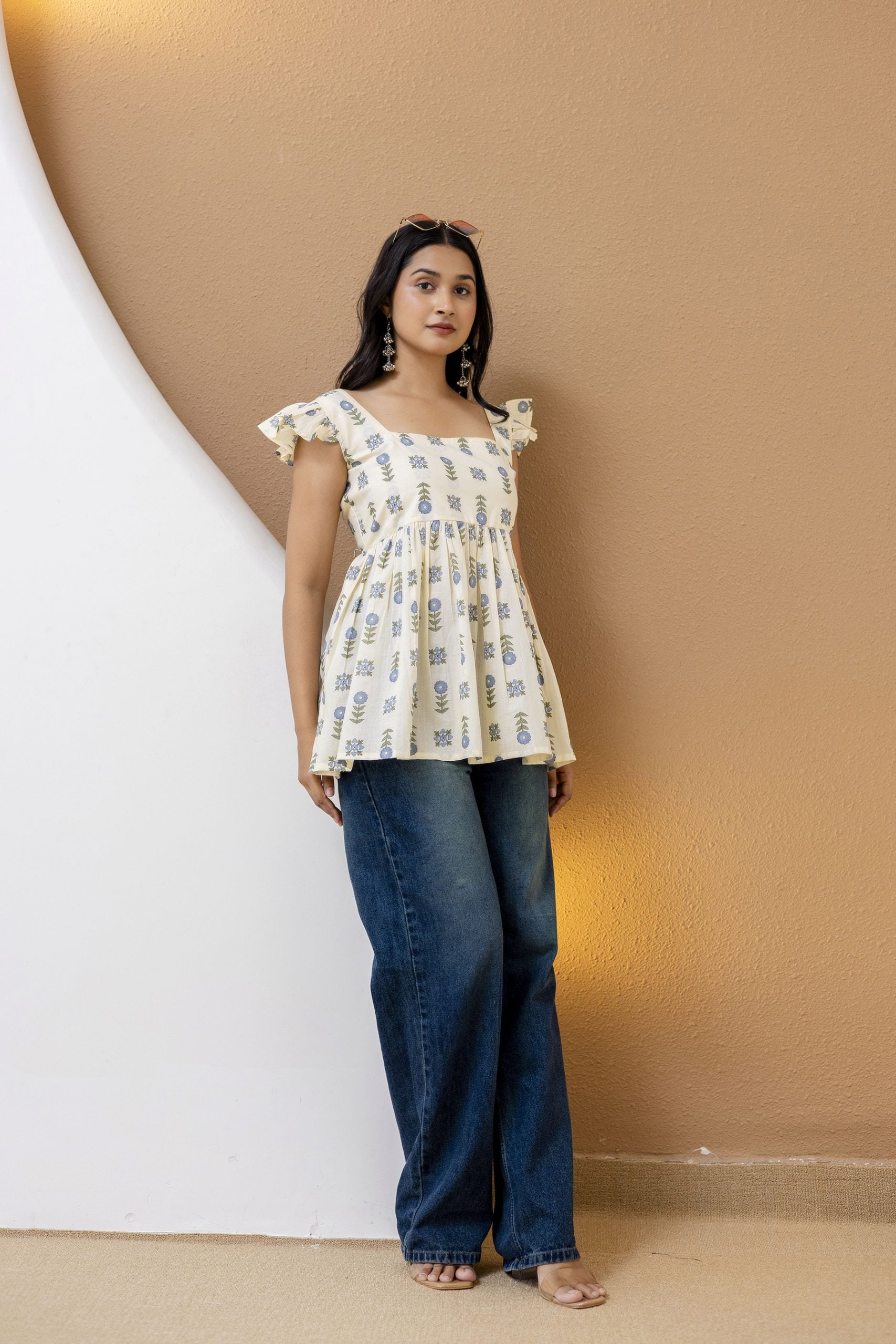 "Cream Cotton Floral Kurti with Ruffled Sleeves"