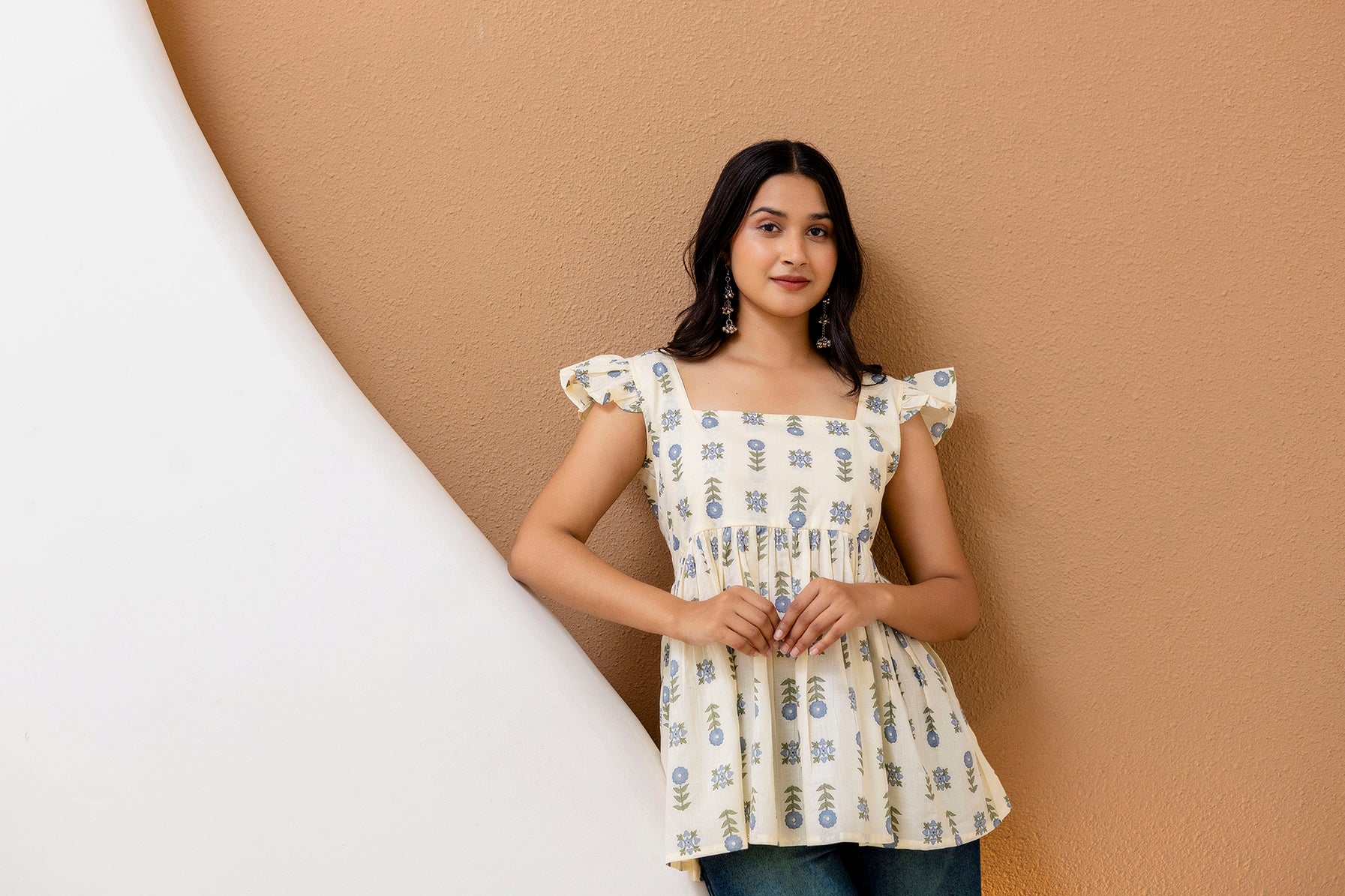 "Cream Cotton Floral Kurti with Ruffled Sleeves"