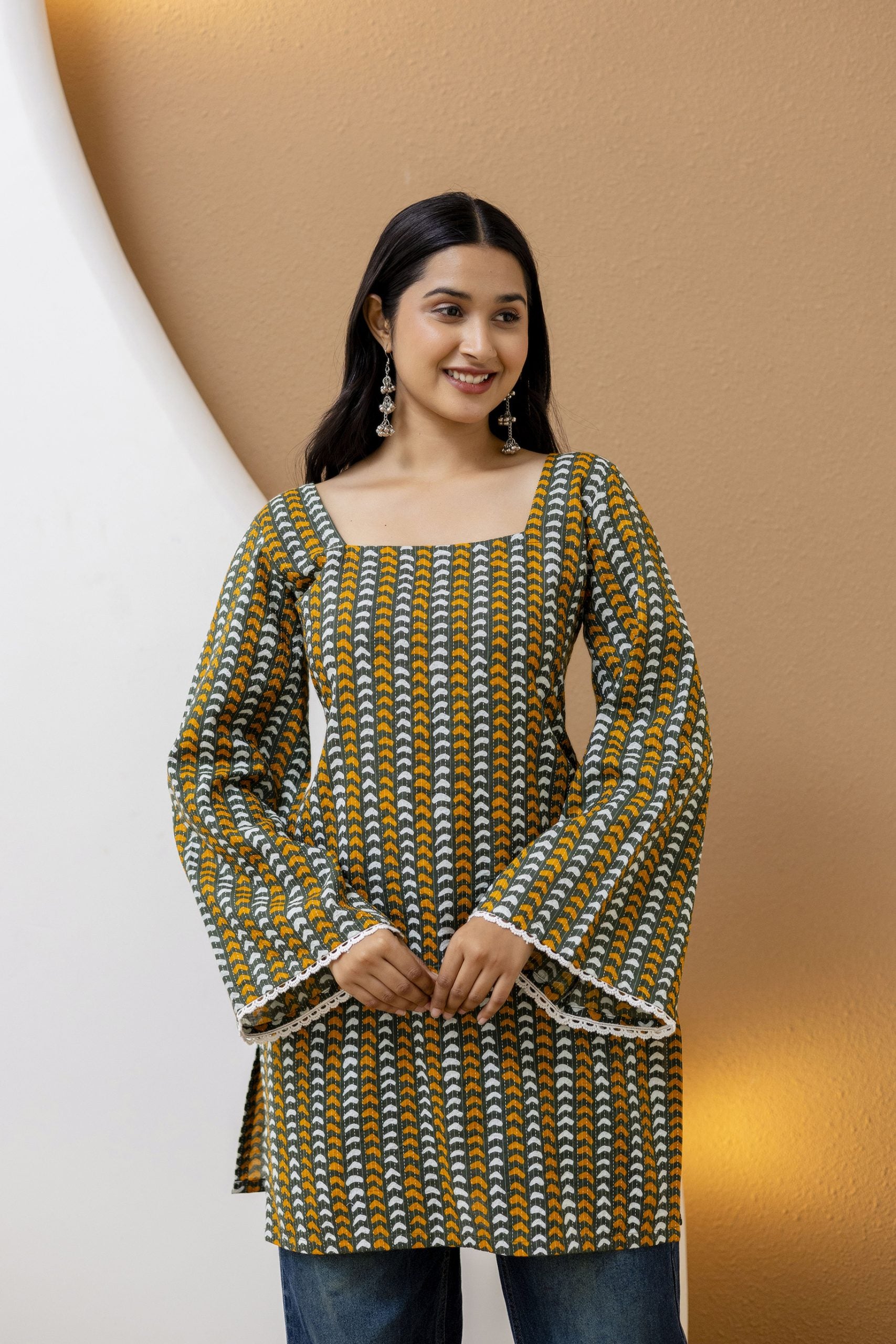 "Cream Cotton Floral Kurti with Ruffled Sleeves"