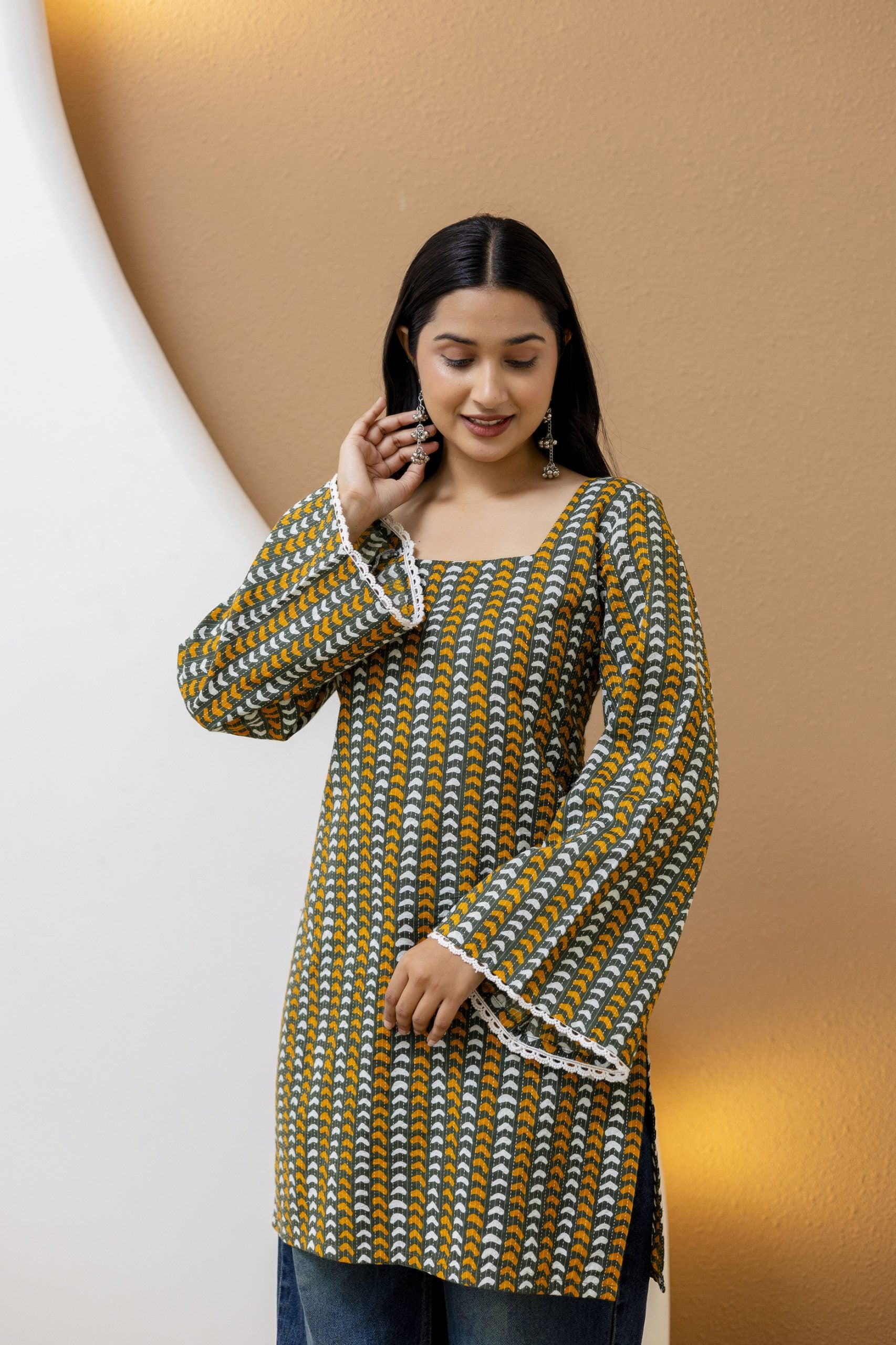 "Cream Cotton Floral Kurti with Ruffled Sleeves"