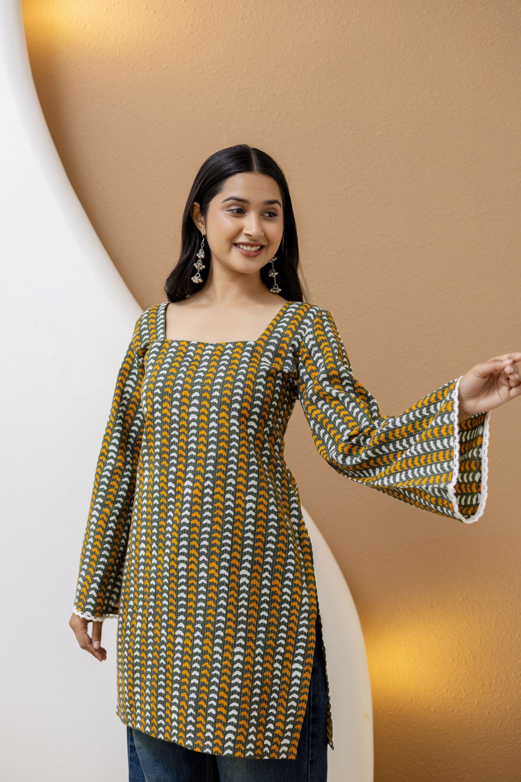 "Cream Cotton Floral Kurti with Ruffled Sleeves"