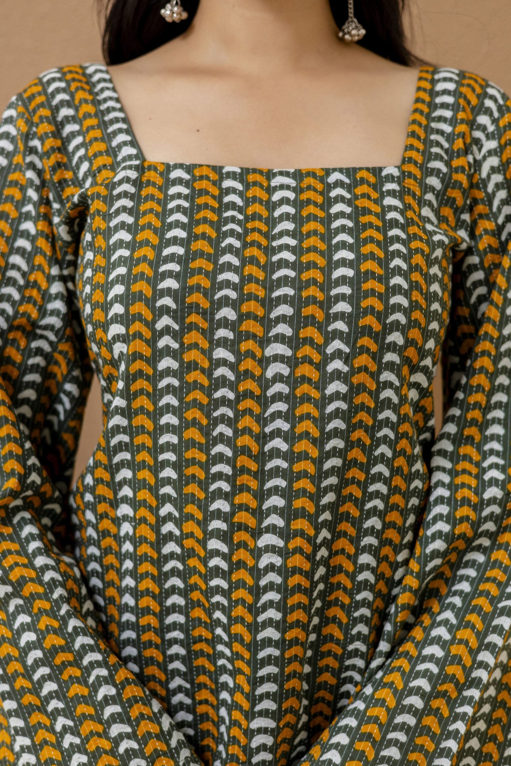 Reva Green Block Printed Cotton Kurti with Pom-Pom Back Detail & Square Neck  by Vaaki